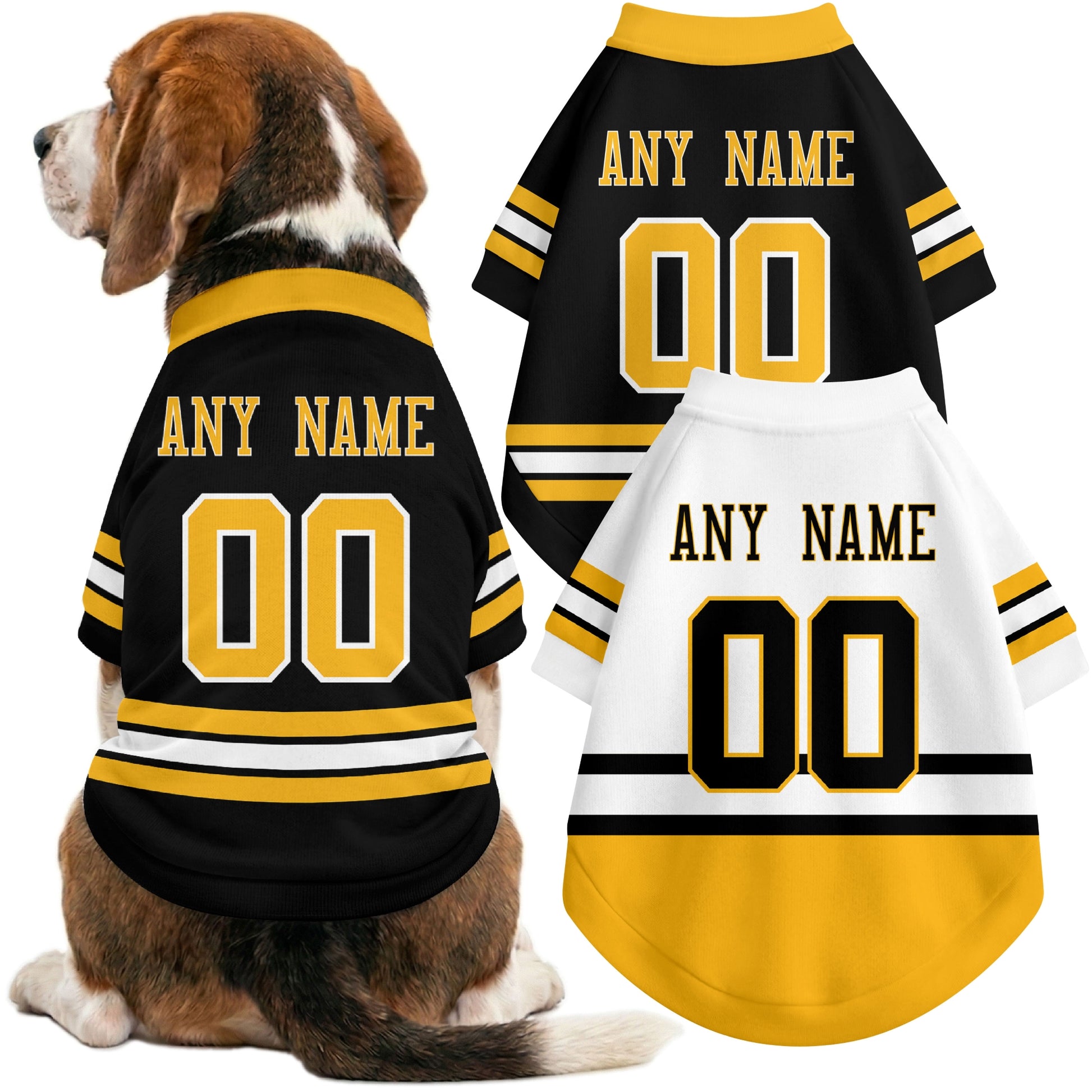 Dog wearing custom hockey-style jersey in Black and White colors with personalized name and number