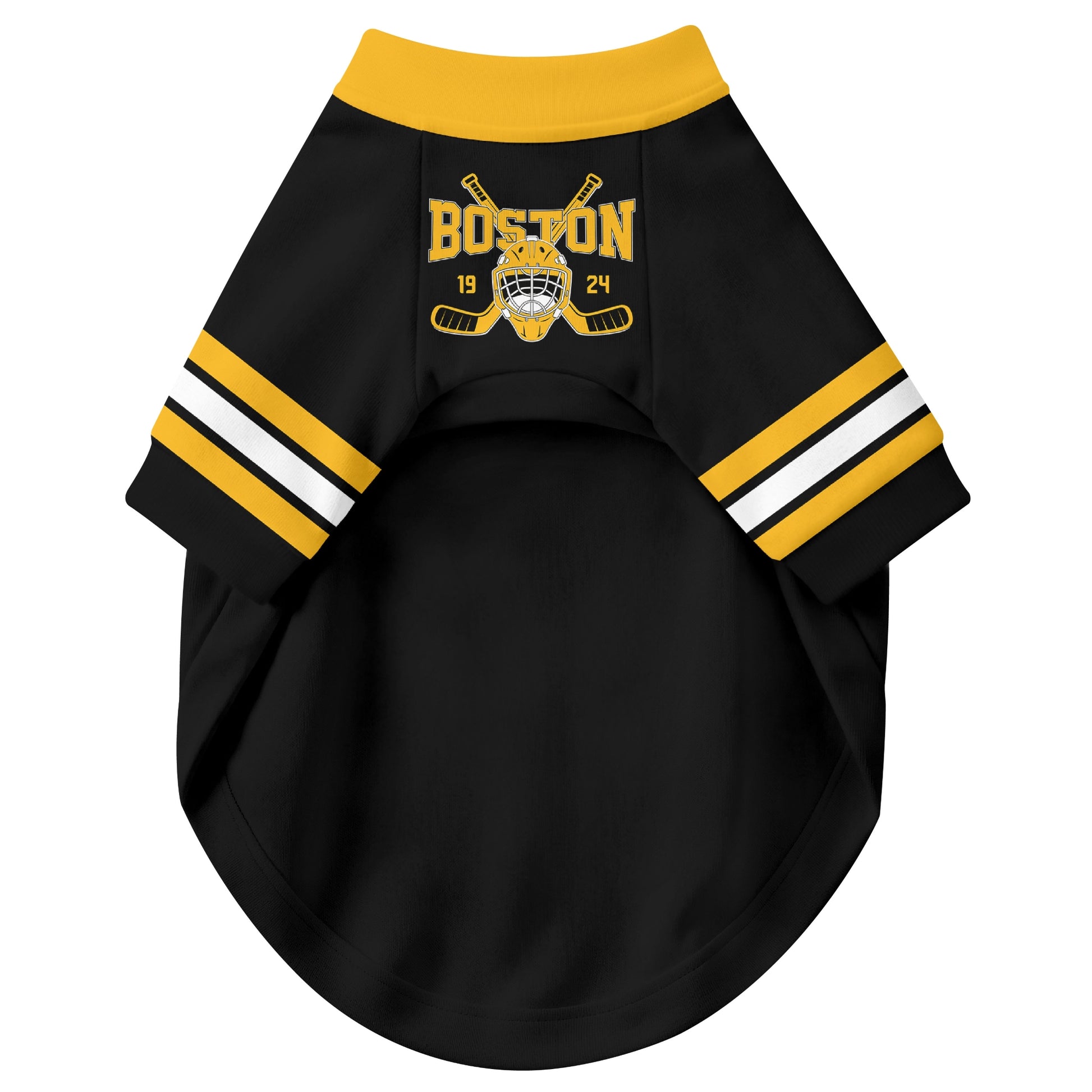 Front view of custom hockey-style dog jersey in Black and White colors