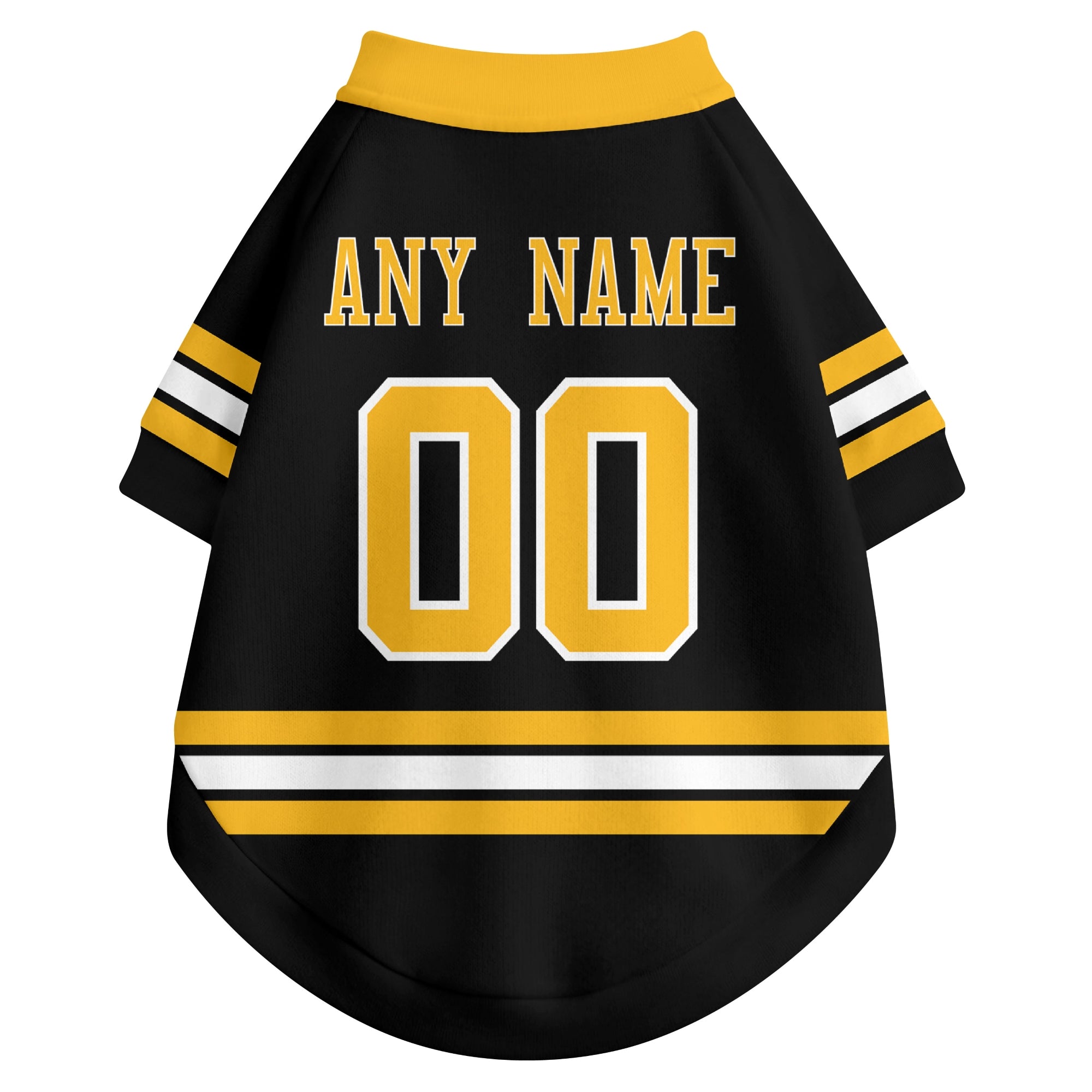 Back view of custom hockey-style dog jersey in Black and White colors with personalized name and number