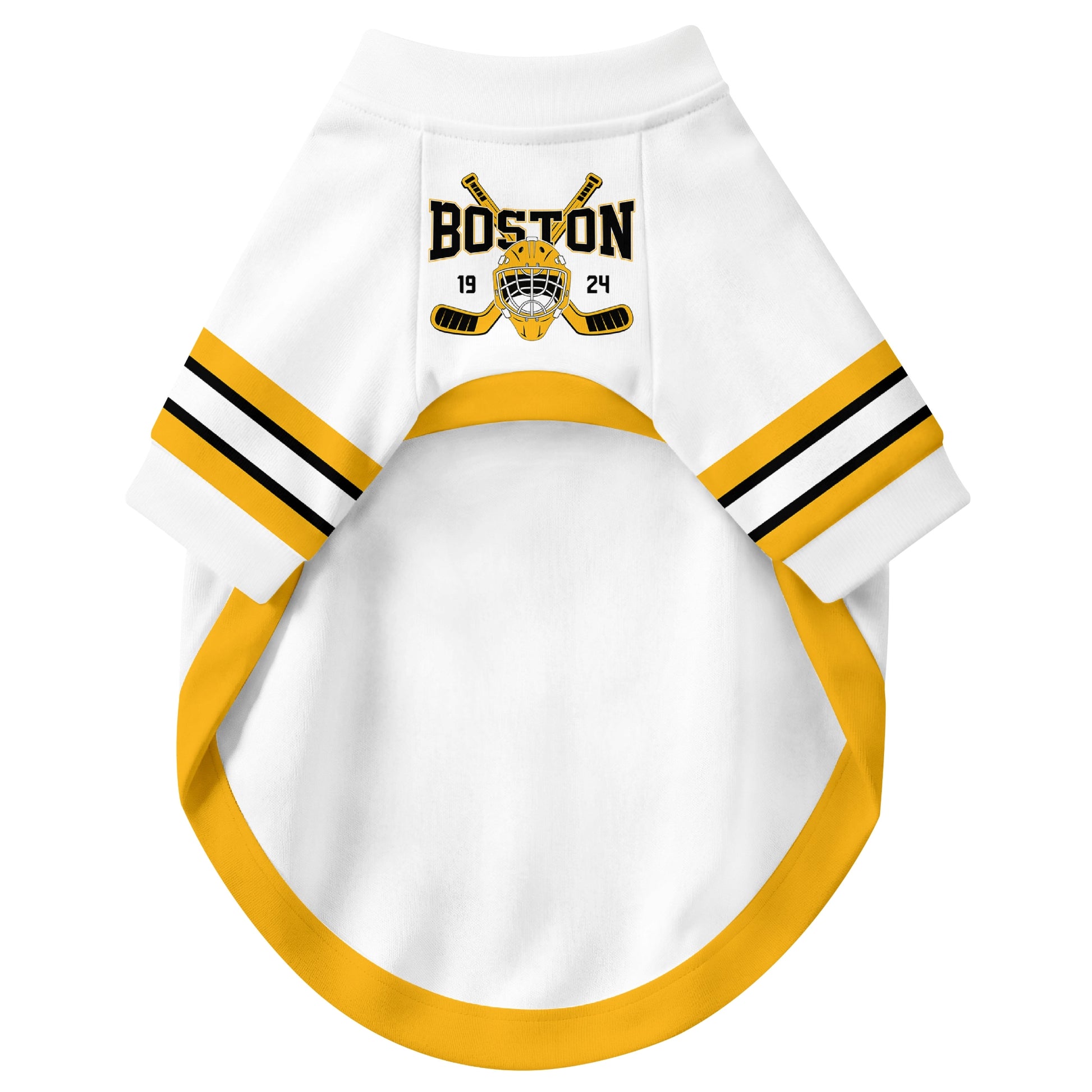 Front view of custom hockey-style dog jersey in White and Black colors