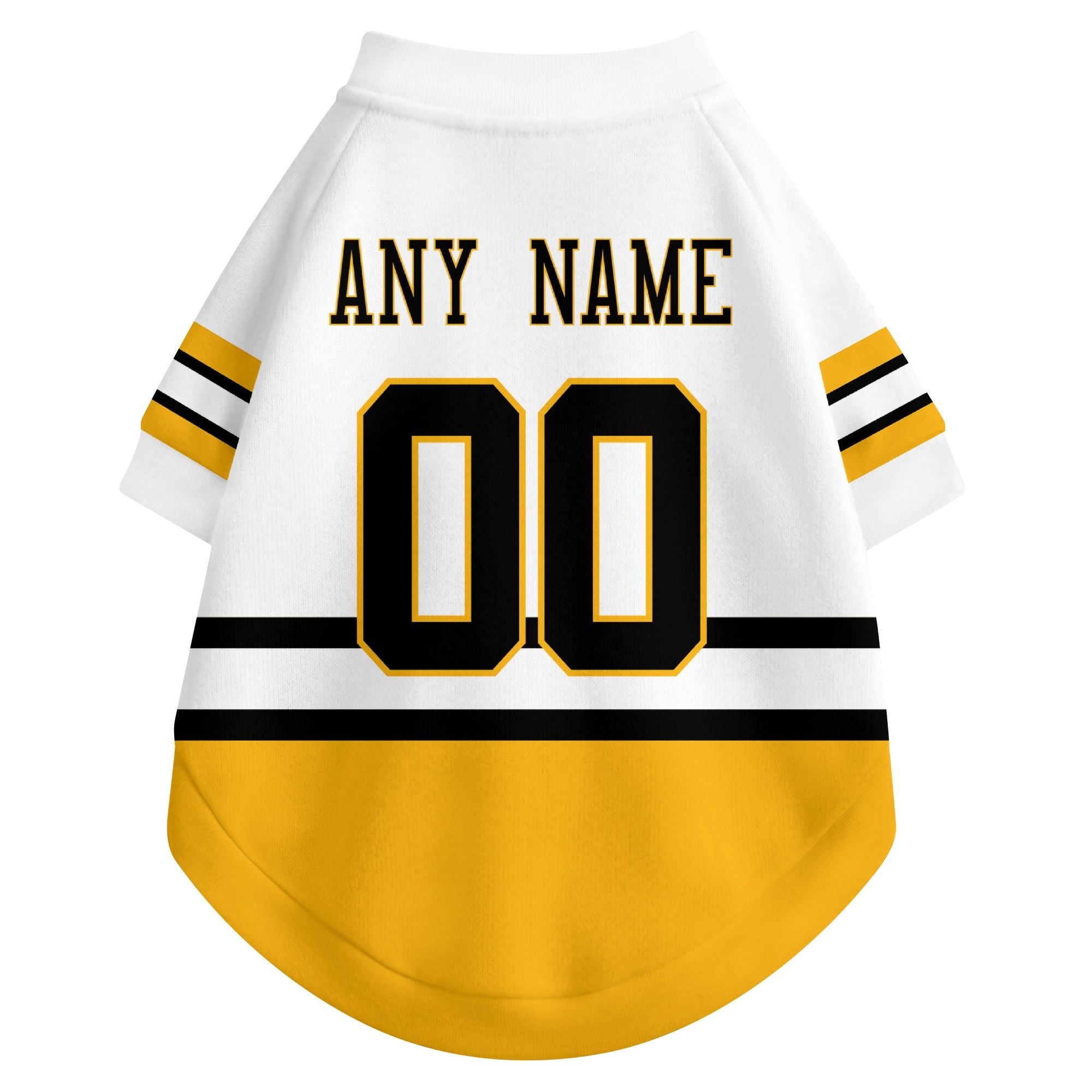 Back view of custom hockey-style dog jersey in White and Black colors with personalized name and number