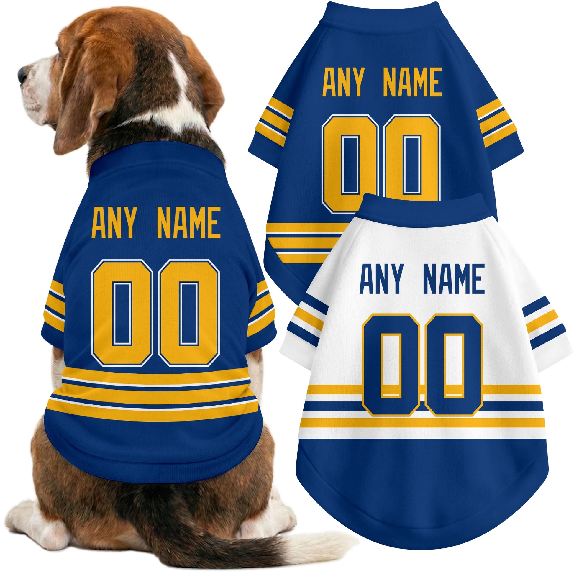Dog wearing custom hockey-style jersey in Royal and White colors with personalized name and number