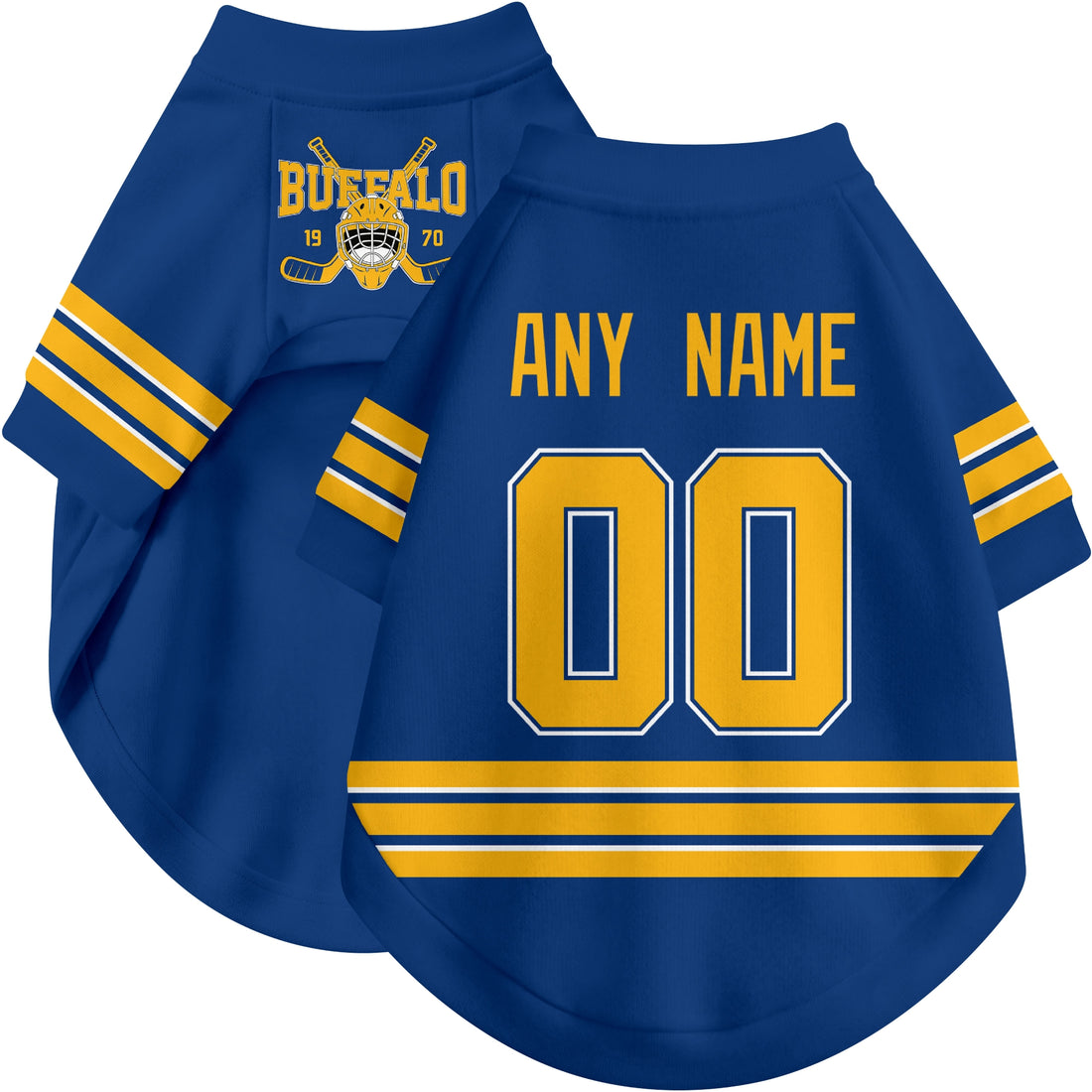 Dog wearing custom hockey-style jersey in Royal and White colors with personalized name and number