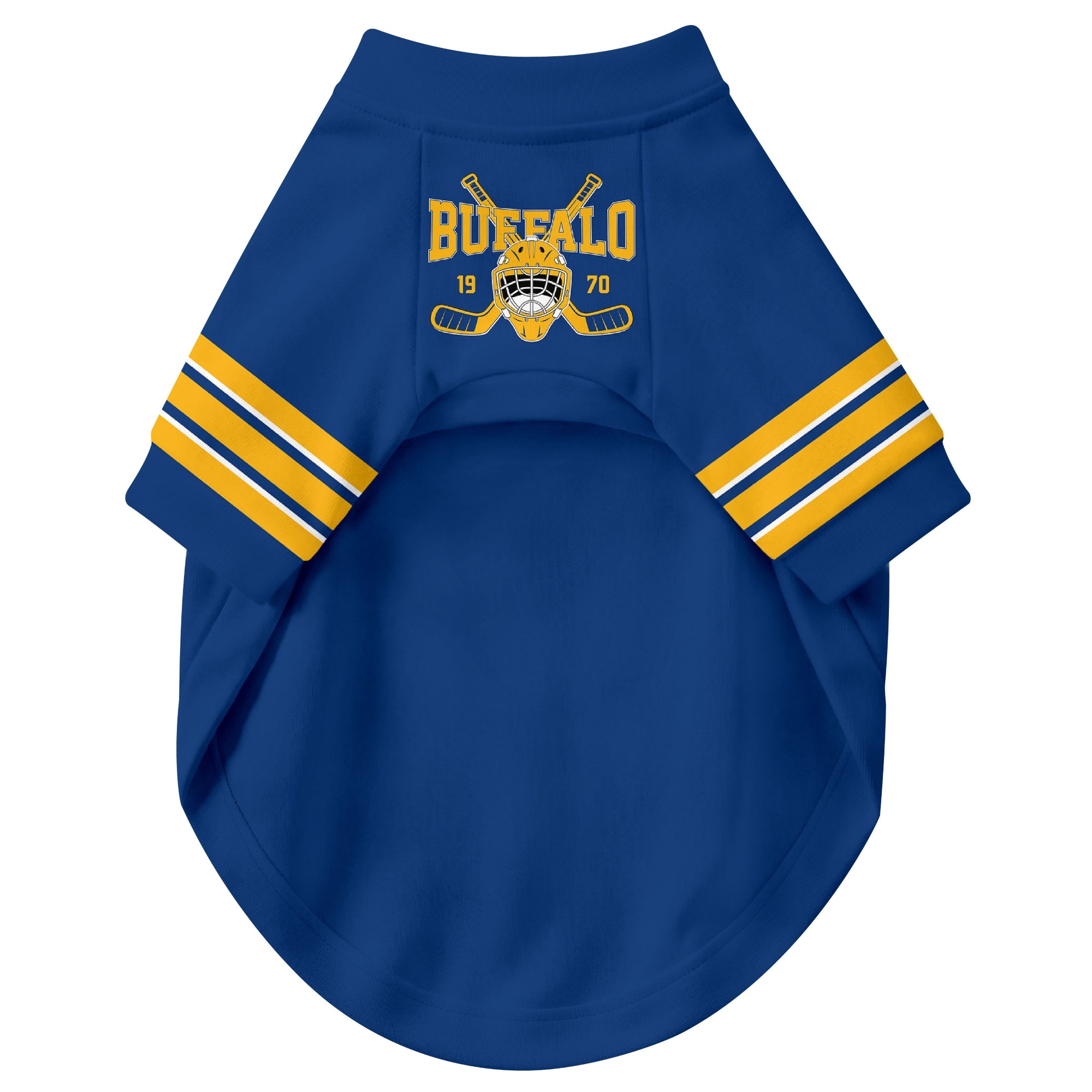 Front view of custom hockey-style dog jersey in Royal and White colors