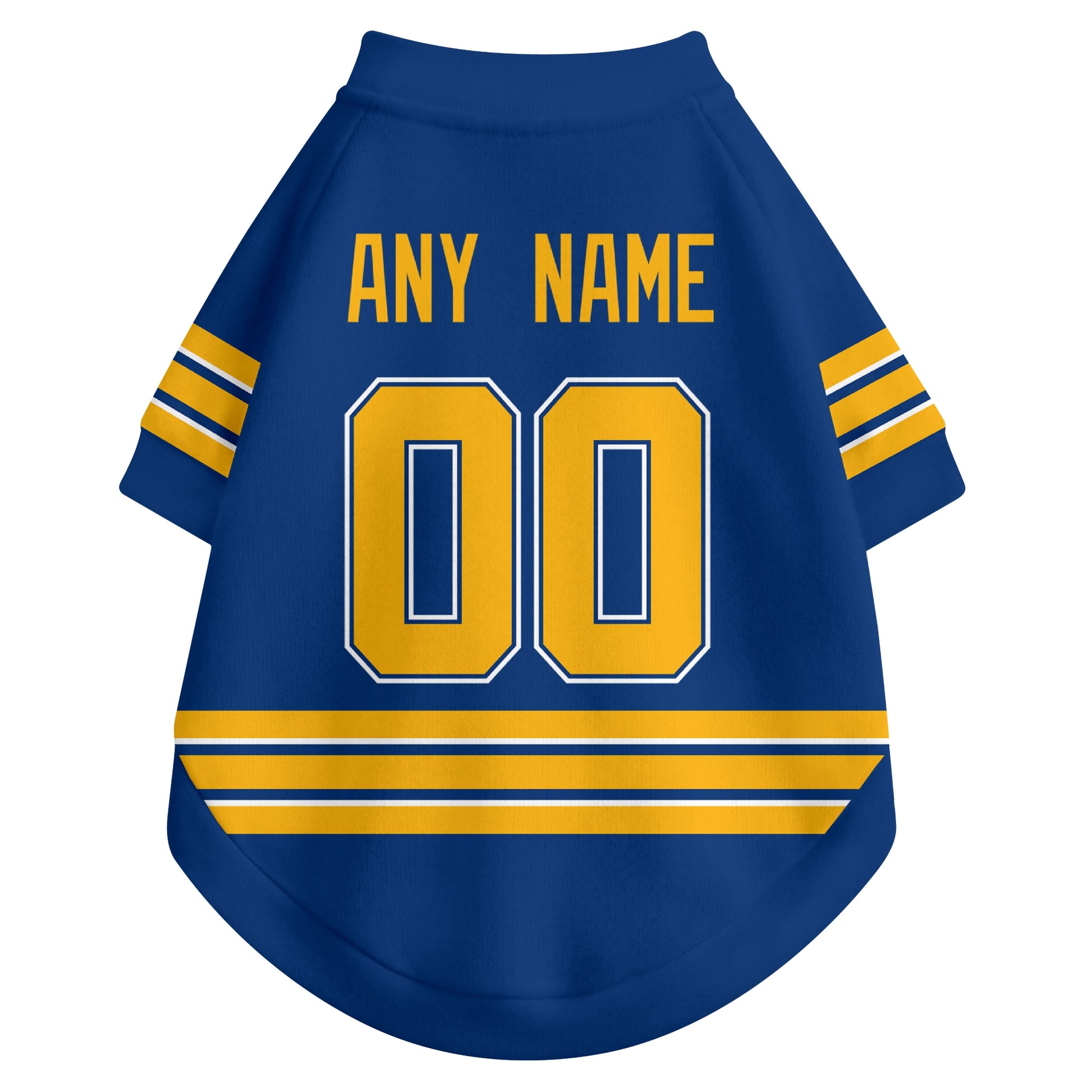Back view of custom hockey-style dog jersey in Royal and White colors with personalized name and number