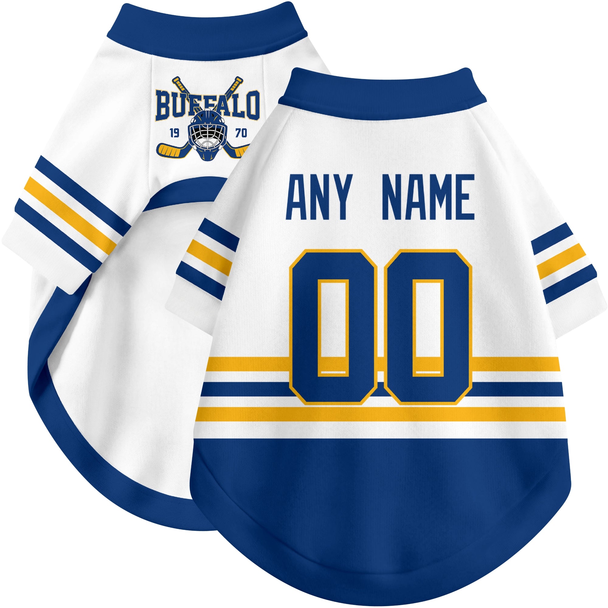 Custom hockey-style dog jersey color option 2 in White and Royal