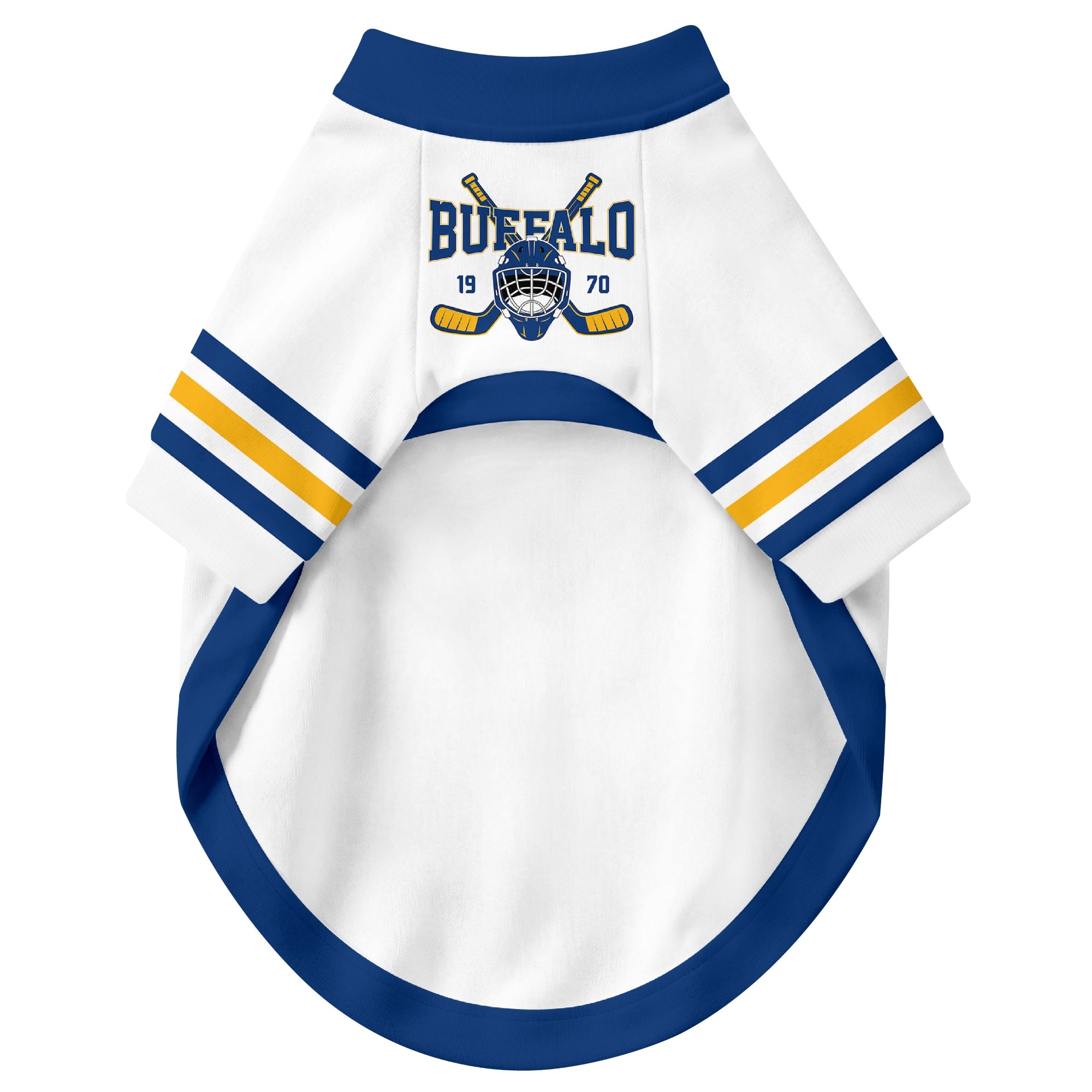 Front view of custom hockey-style dog jersey in White and Royal colors