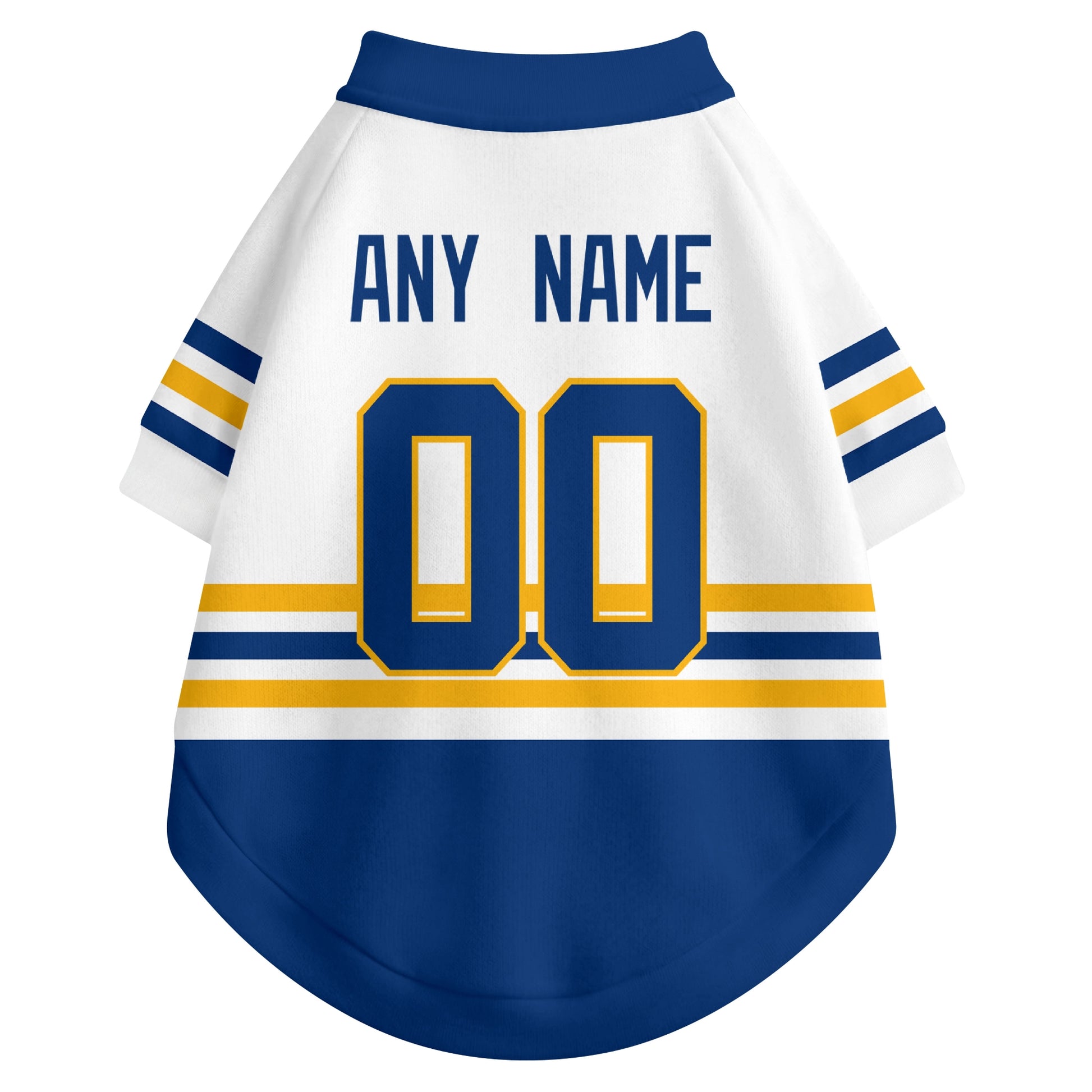Back view of custom hockey-style dog jersey in White and Royal colors with personalized name and number
