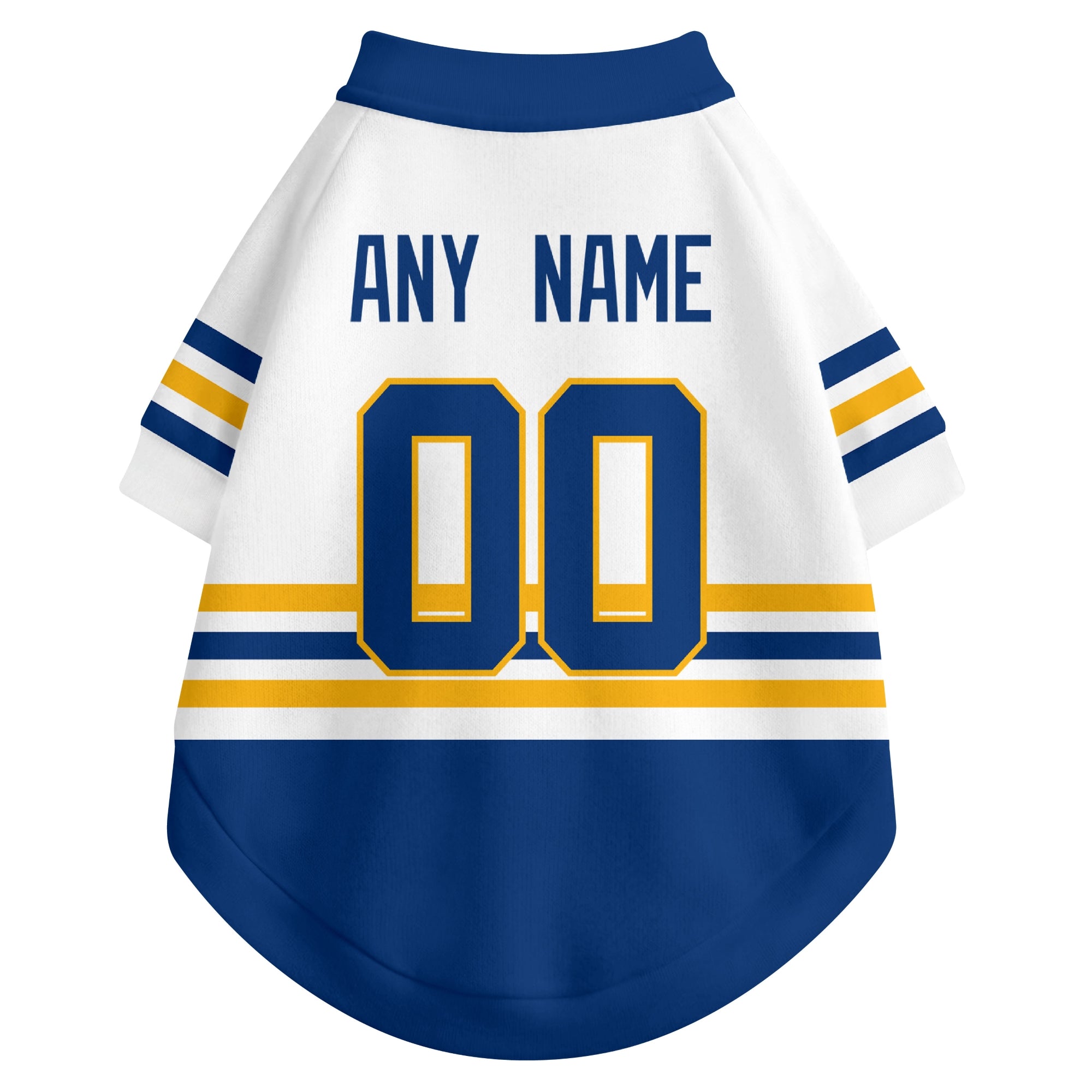 Back view of custom hockey-style dog jersey in White and Royal colors with personalized name and number