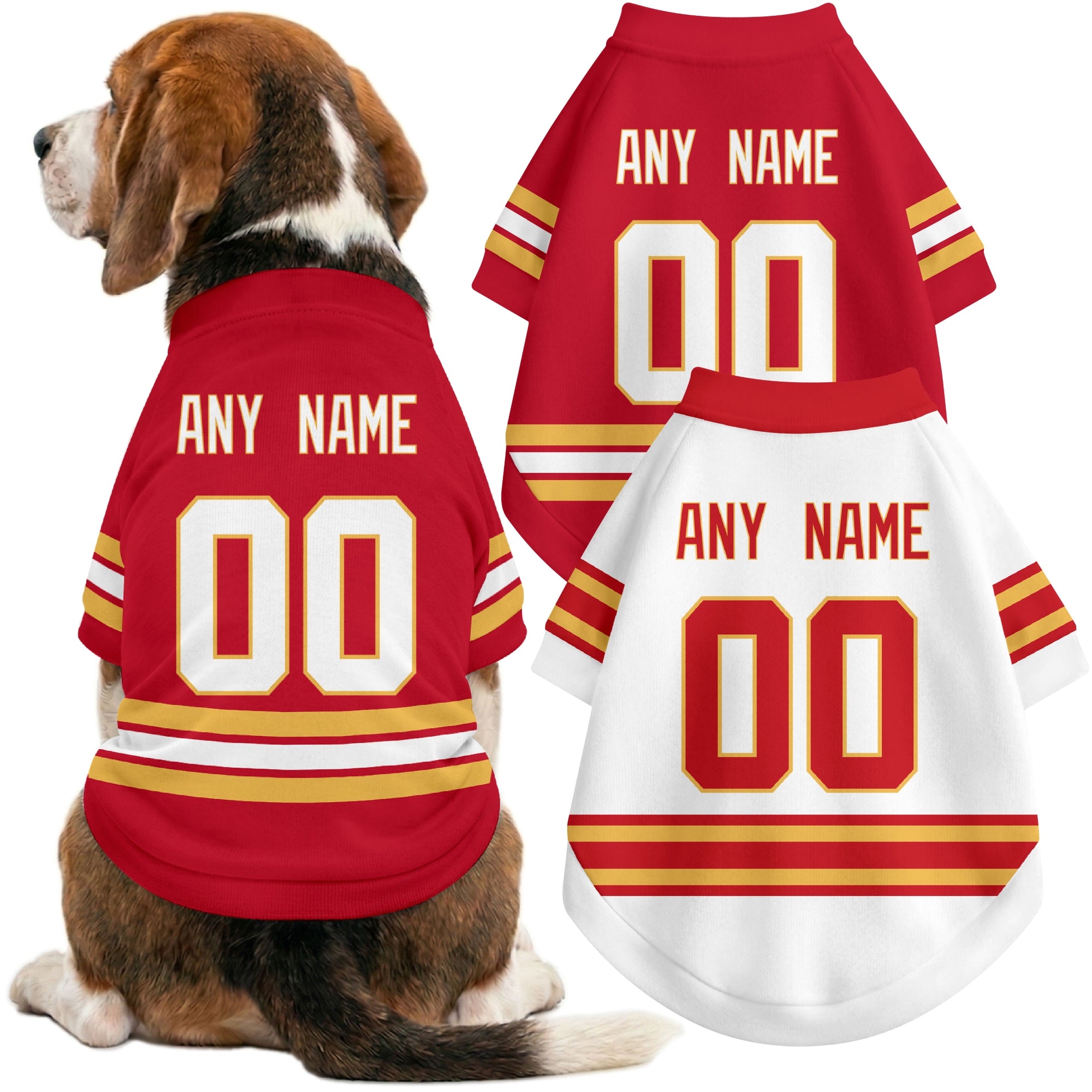 Dog wearing custom hockey-style jersey in Red and White colors with personalized name and number