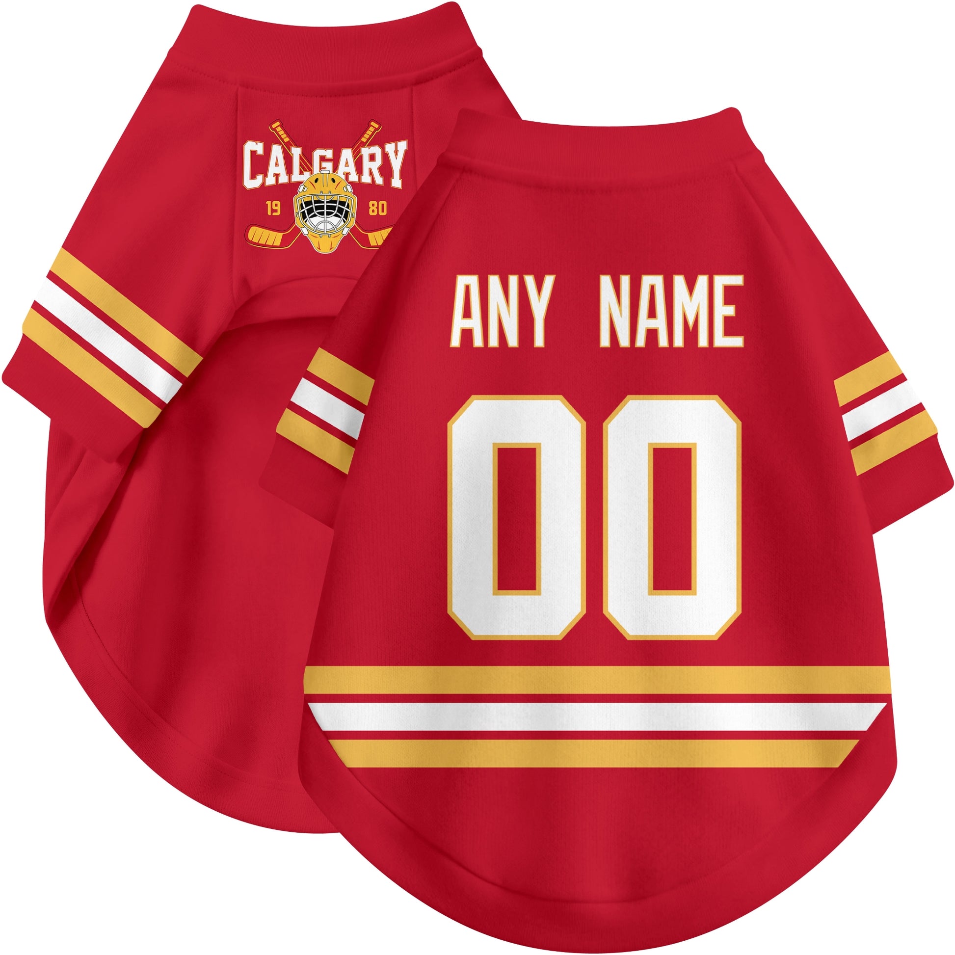 Custom hockey-style dog jersey color option 1 in Red and White