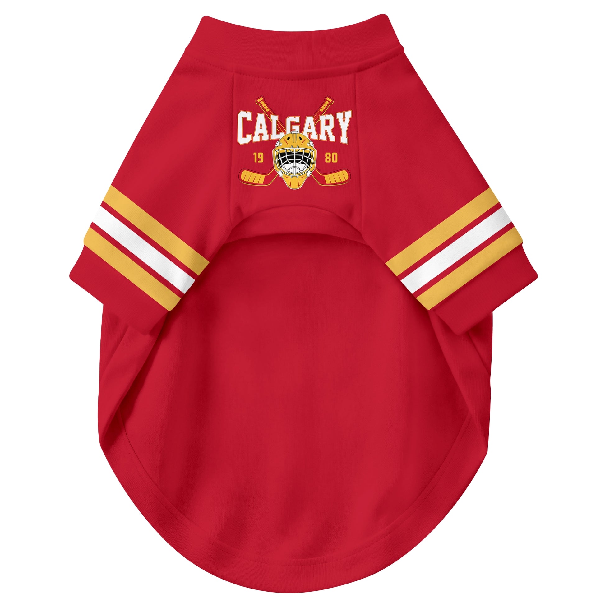 Front view of custom hockey-style dog jersey in Red and White colors