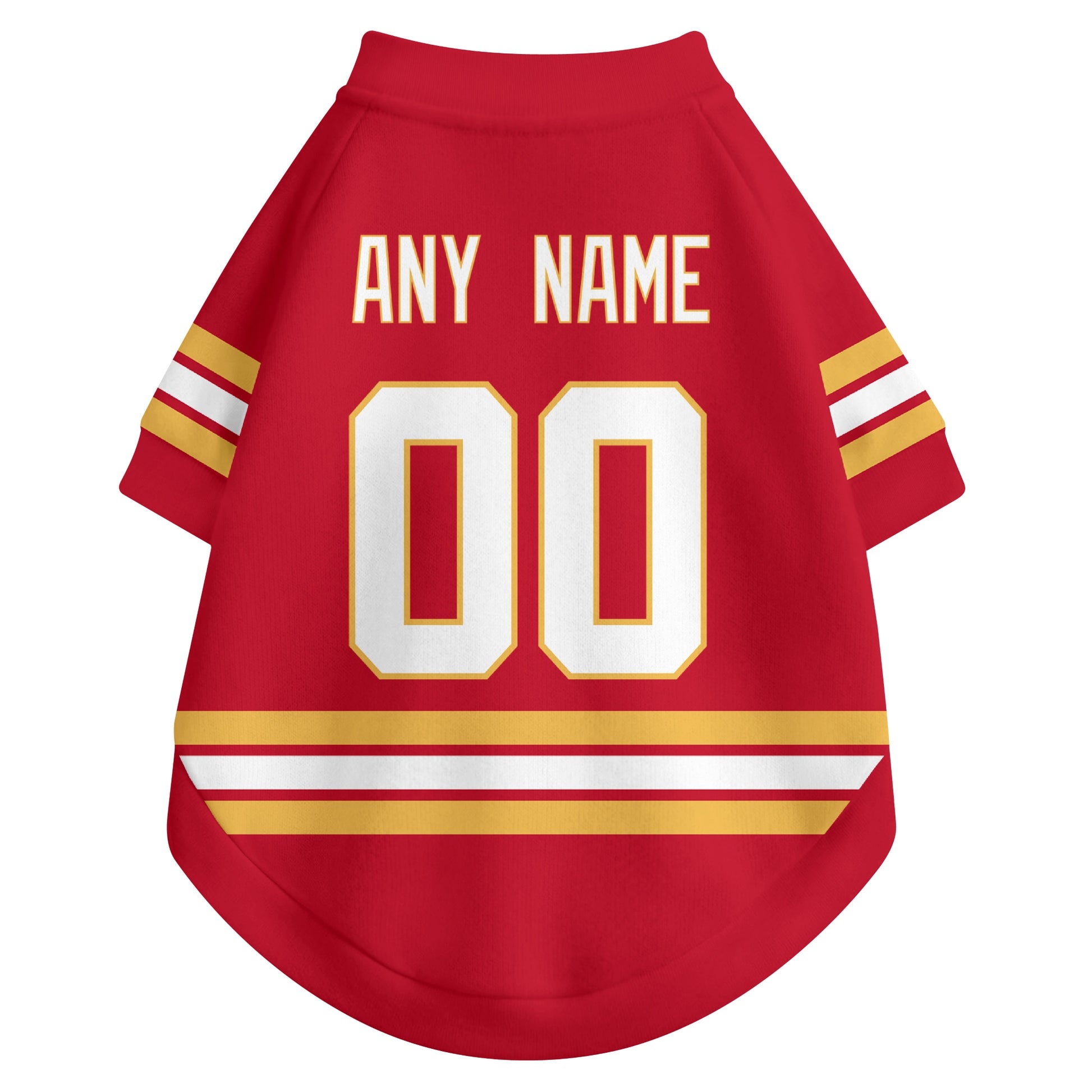 Back view of custom hockey-style dog jersey in Red and White colors with personalized name and number
