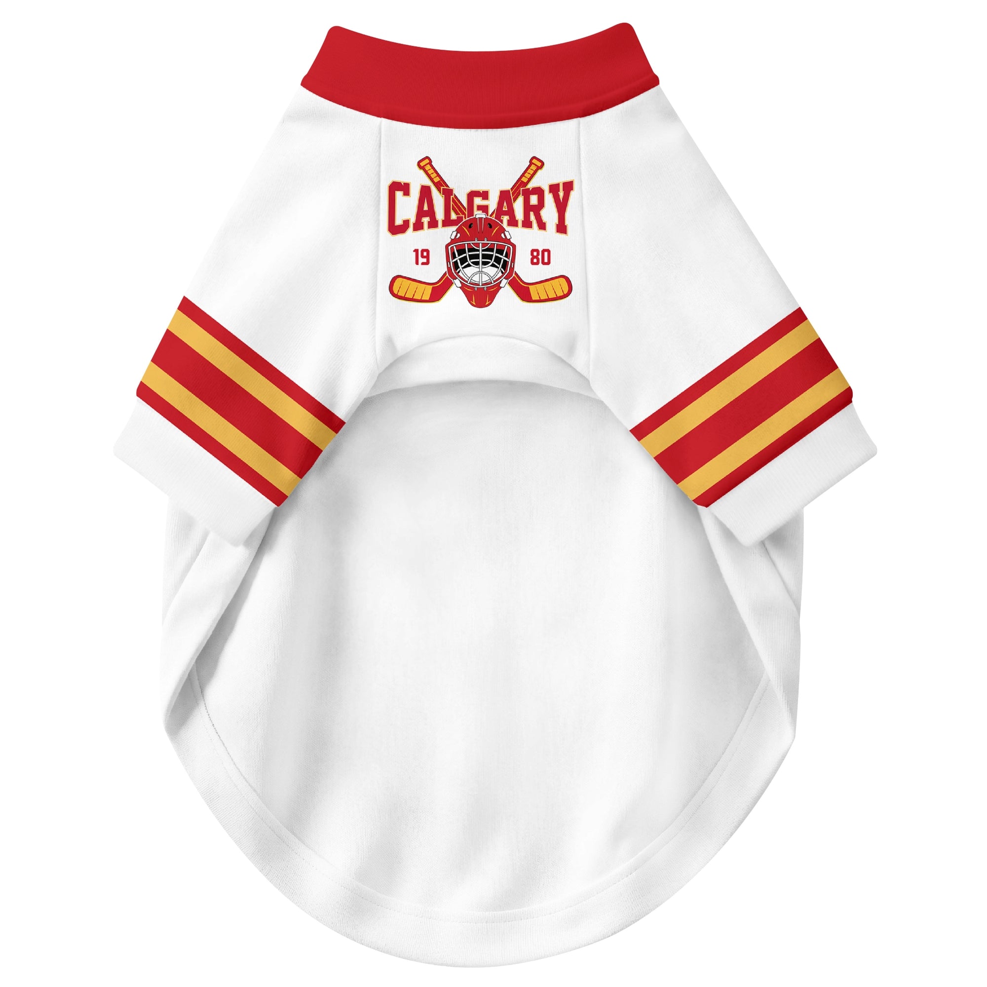 Front view of custom hockey-style dog jersey in White and Red colors