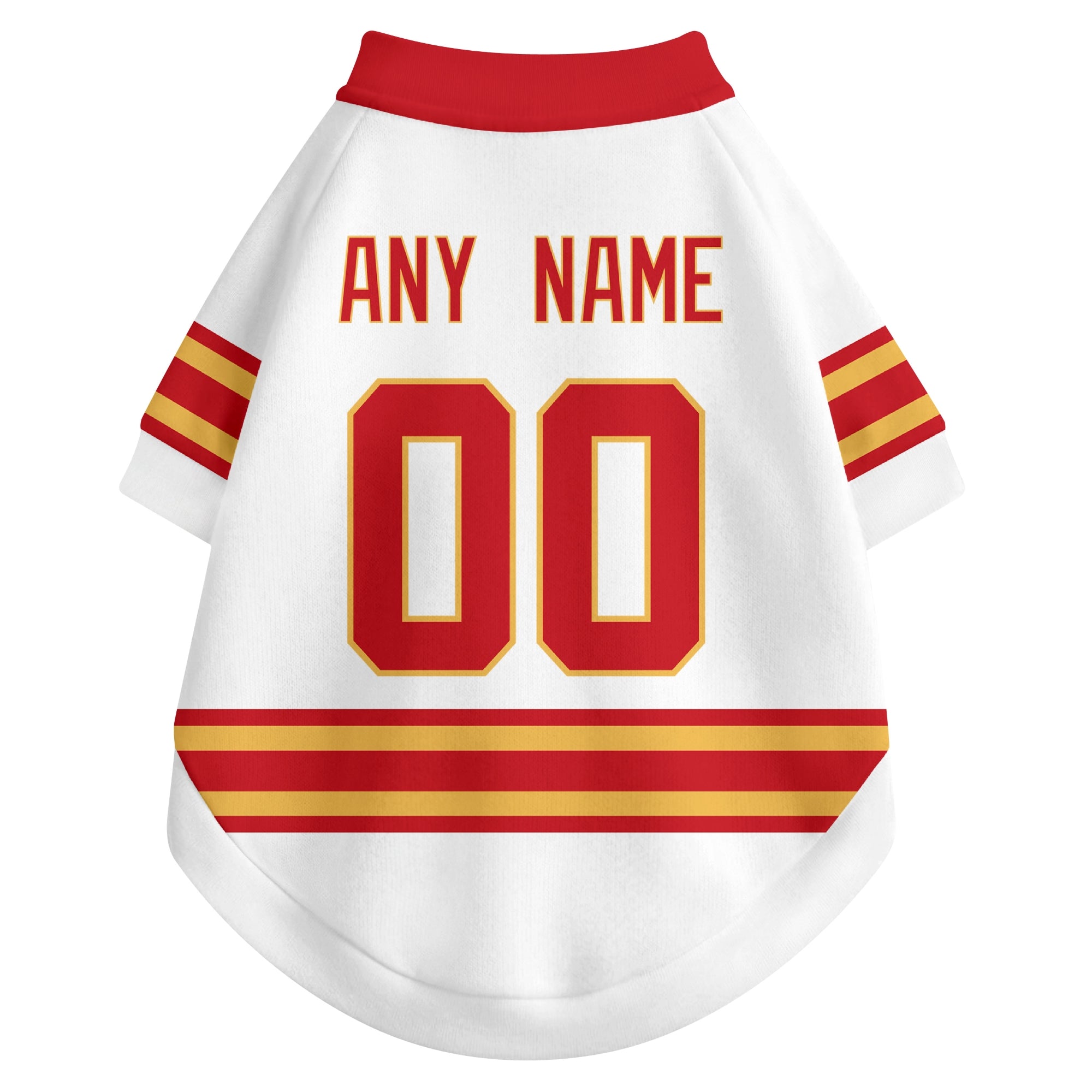 Back view of custom hockey-style dog jersey in White and Red colors with personalized name and number