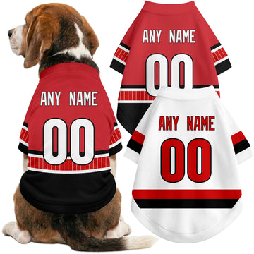 Dog wearing custom hockey-style jersey in Red and White colors with personalized name and number