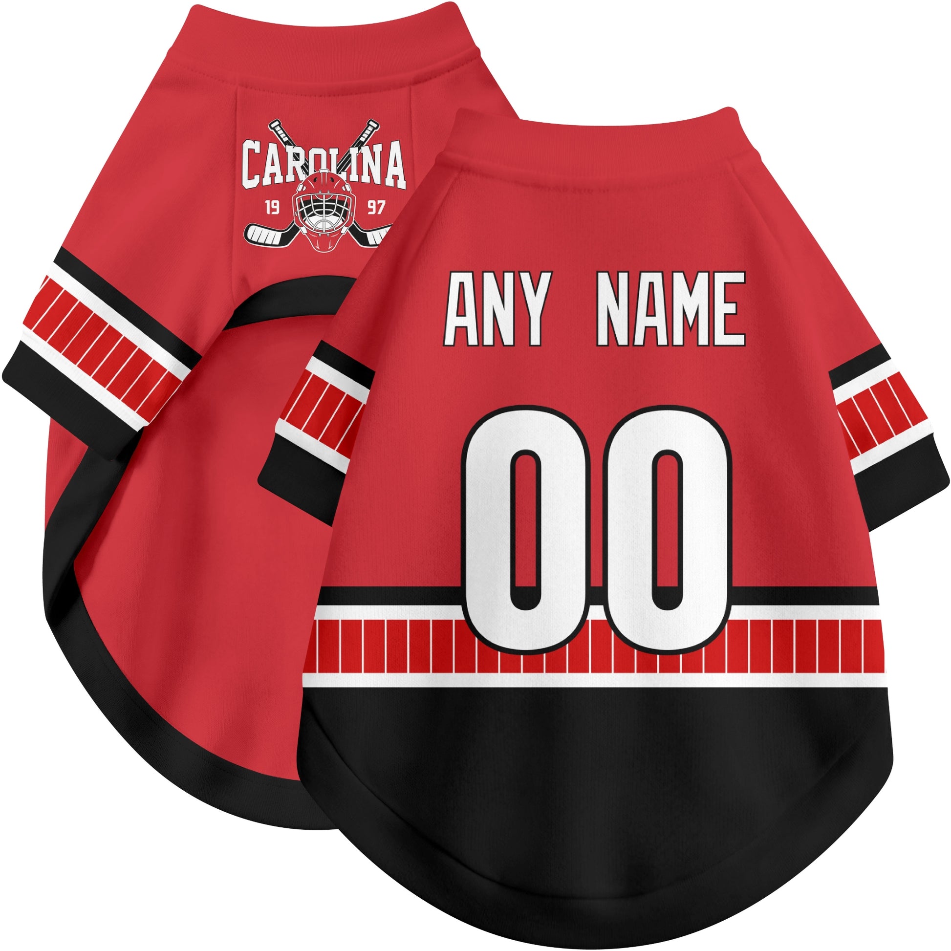Custom hockey-style dog jersey color option 1 in Red and White