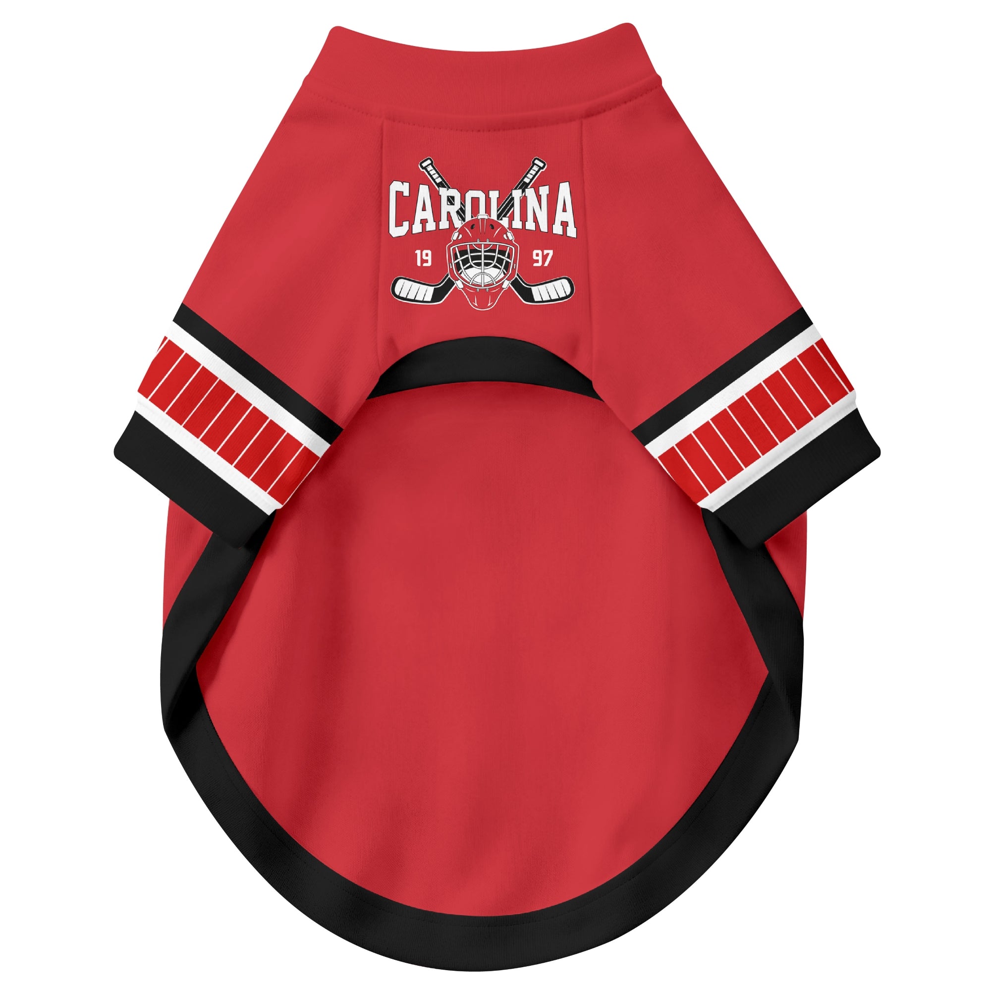 Front view of custom hockey-style dog jersey in Red and White colors