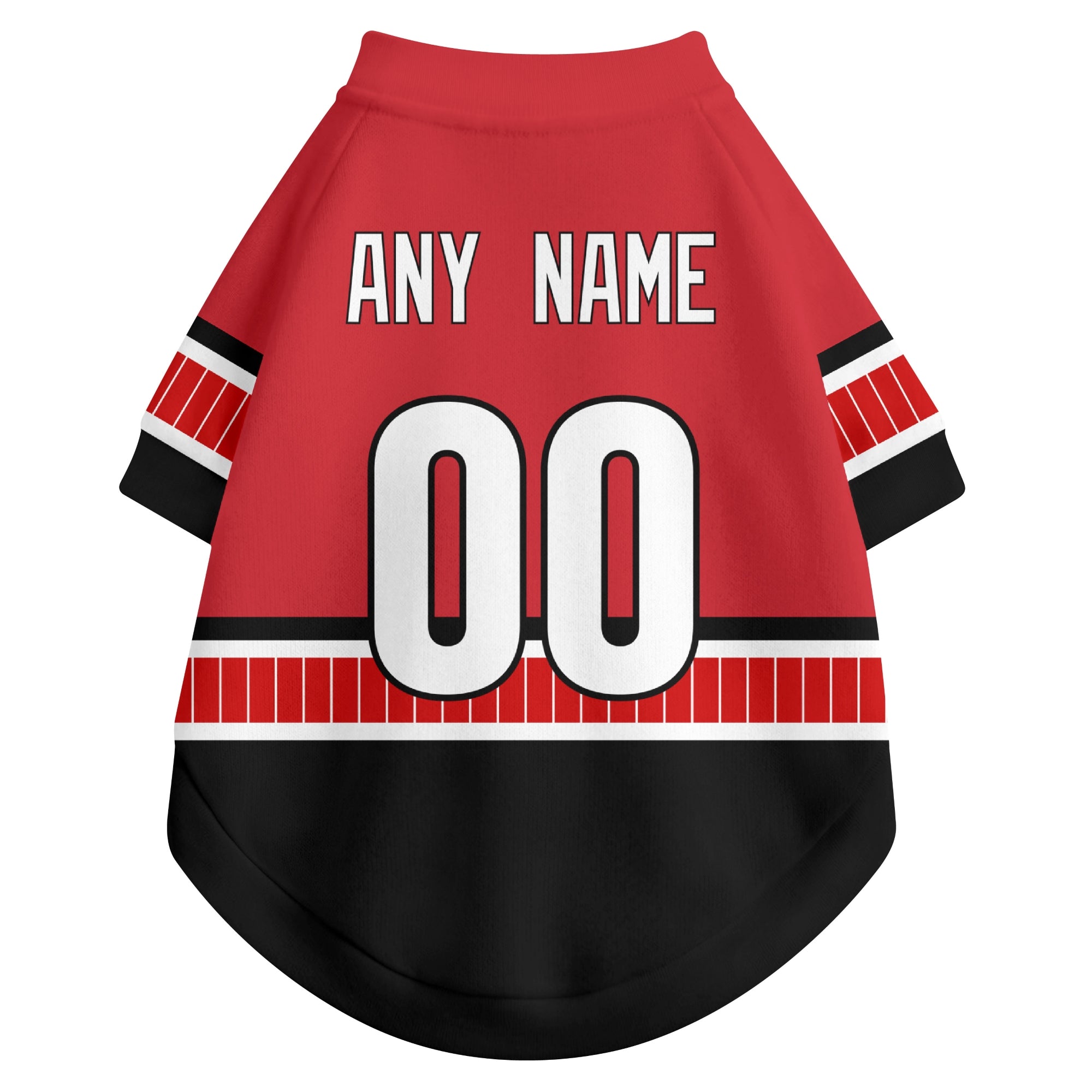 Back view of custom hockey-style dog jersey in Red and White colors with personalized name and number