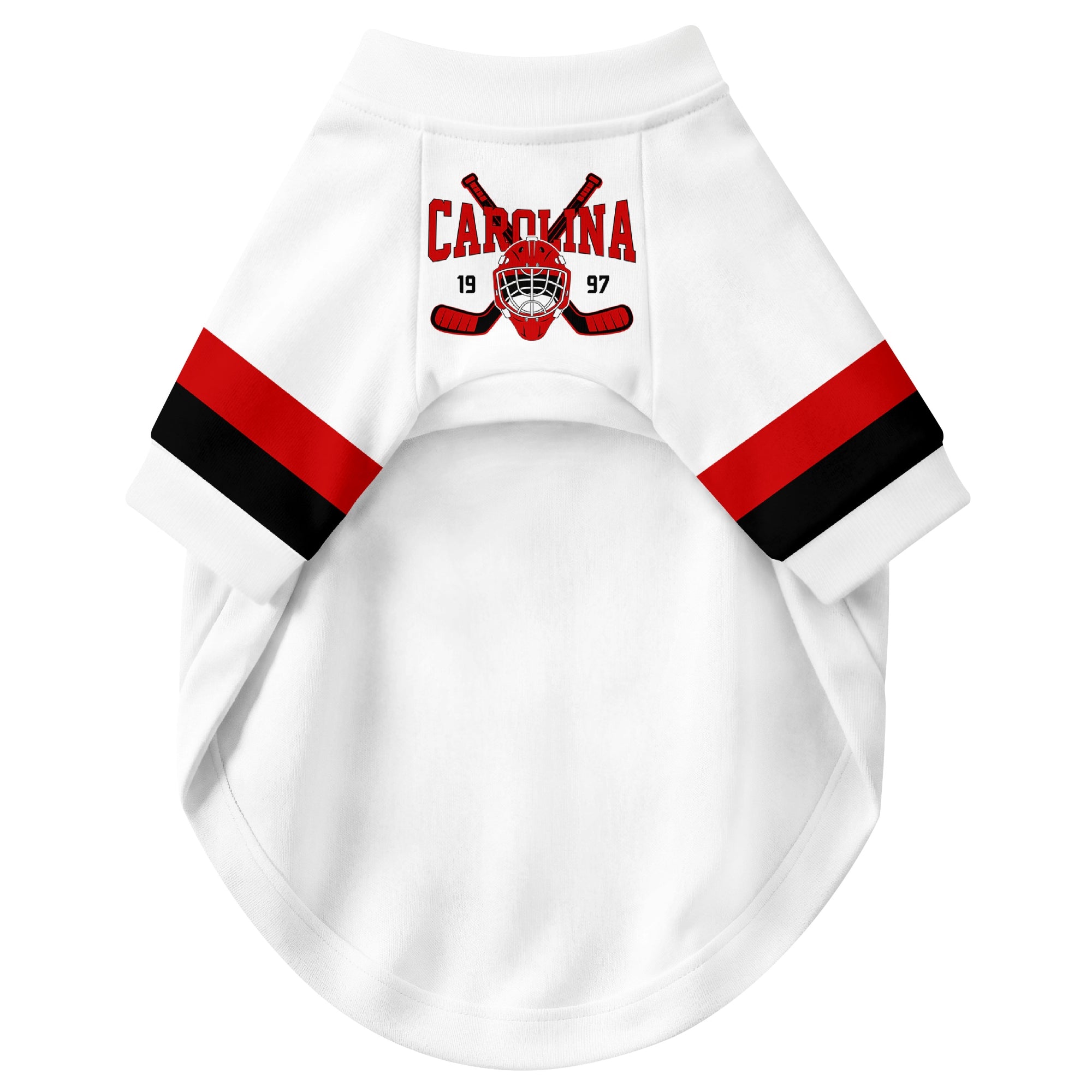 Front view of custom hockey-style dog jersey in White and Red colors