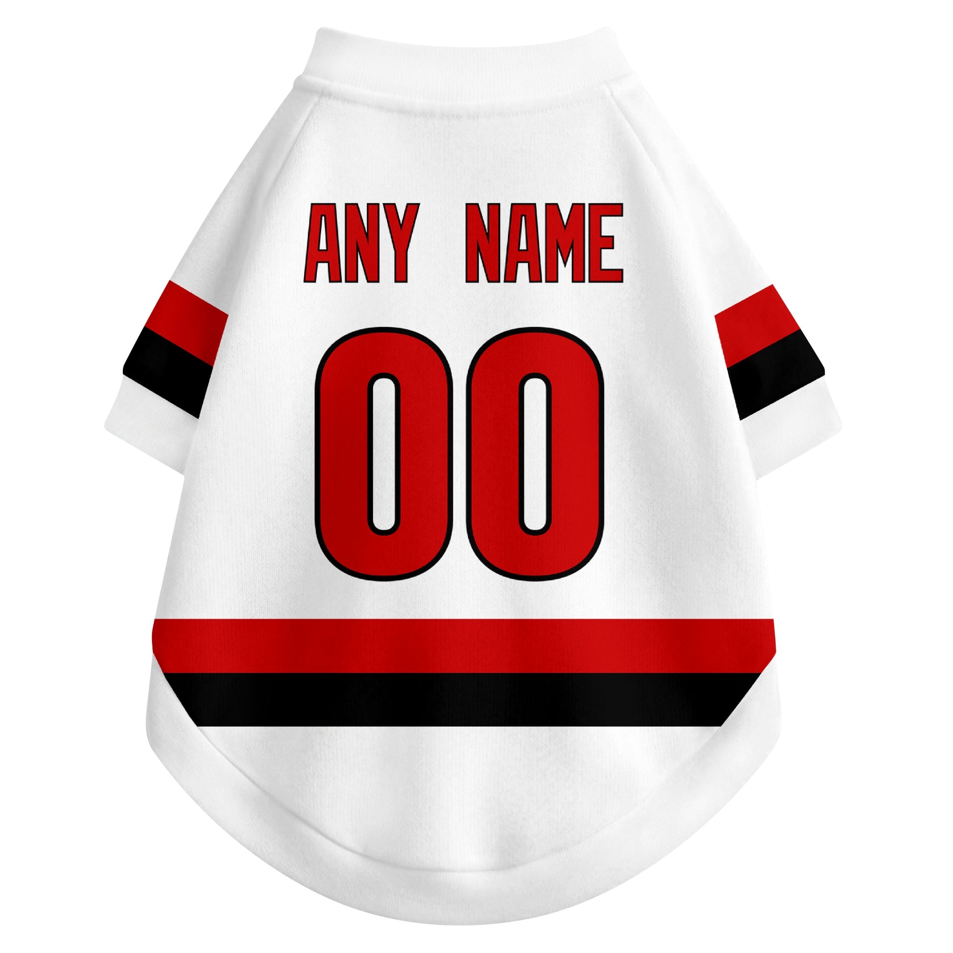 Back view of custom hockey-style dog jersey in White and Red colors with personalized name and number