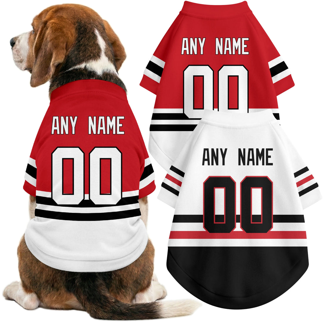 Dog wearing custom hockey-style jersey in Red and White colors with personalized name and number