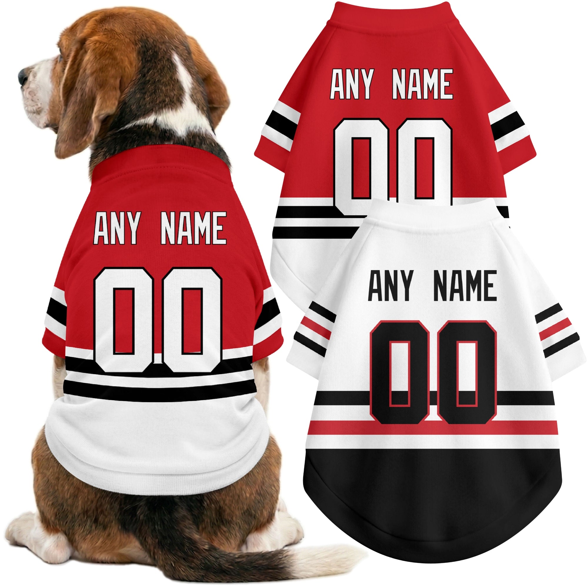 Dog wearing custom hockey-style jersey in Red and White colors with personalized name and number