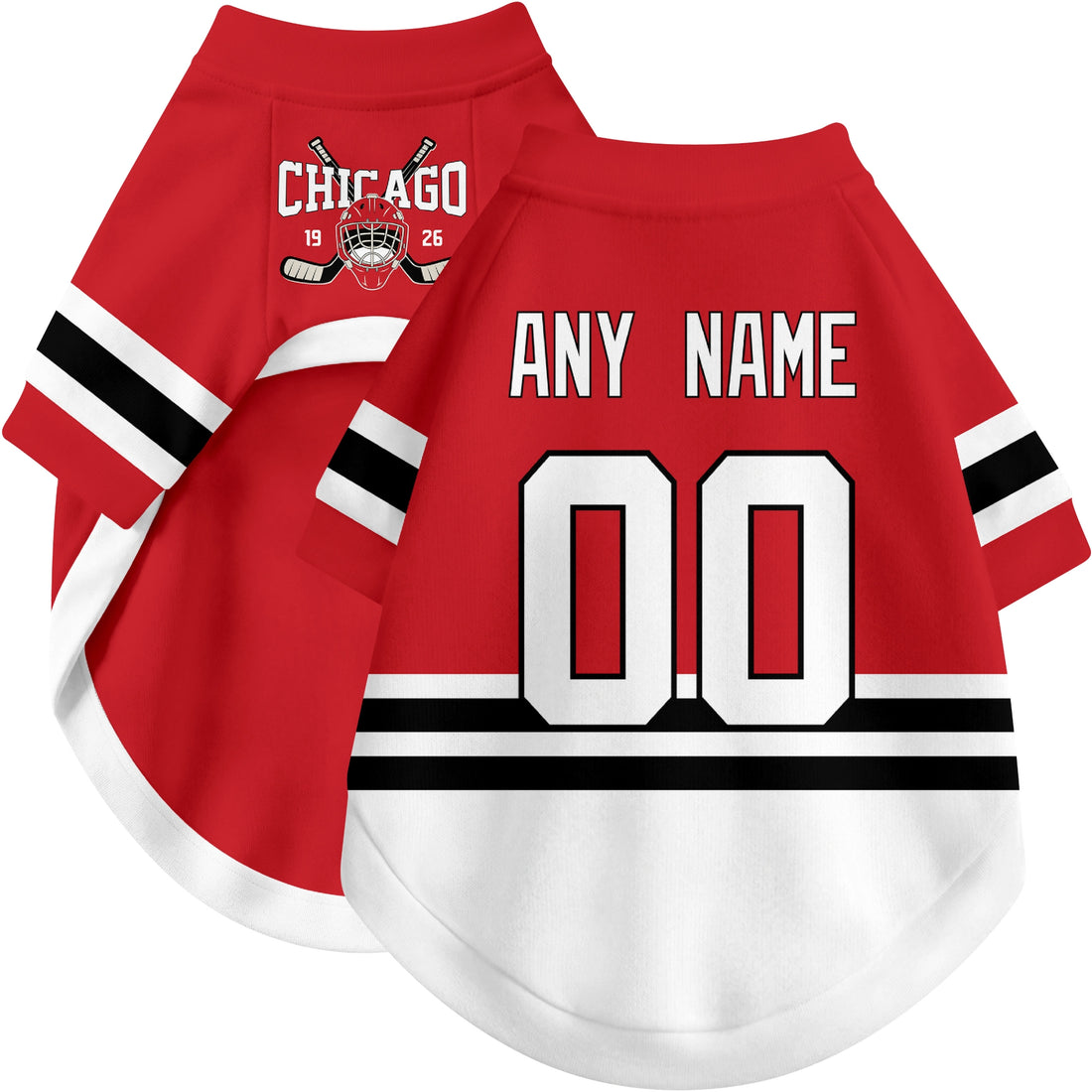 Dog wearing custom hockey-style jersey in Red and White colors with personalized name and number