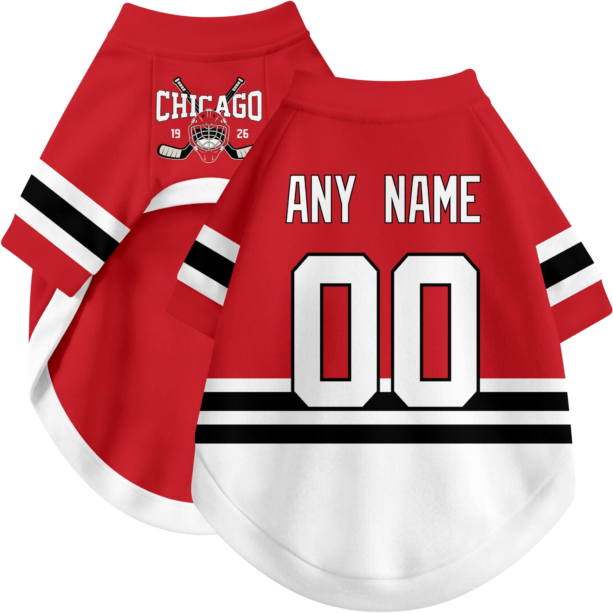 Custom hockey-style dog jersey color option 1 in Red and White