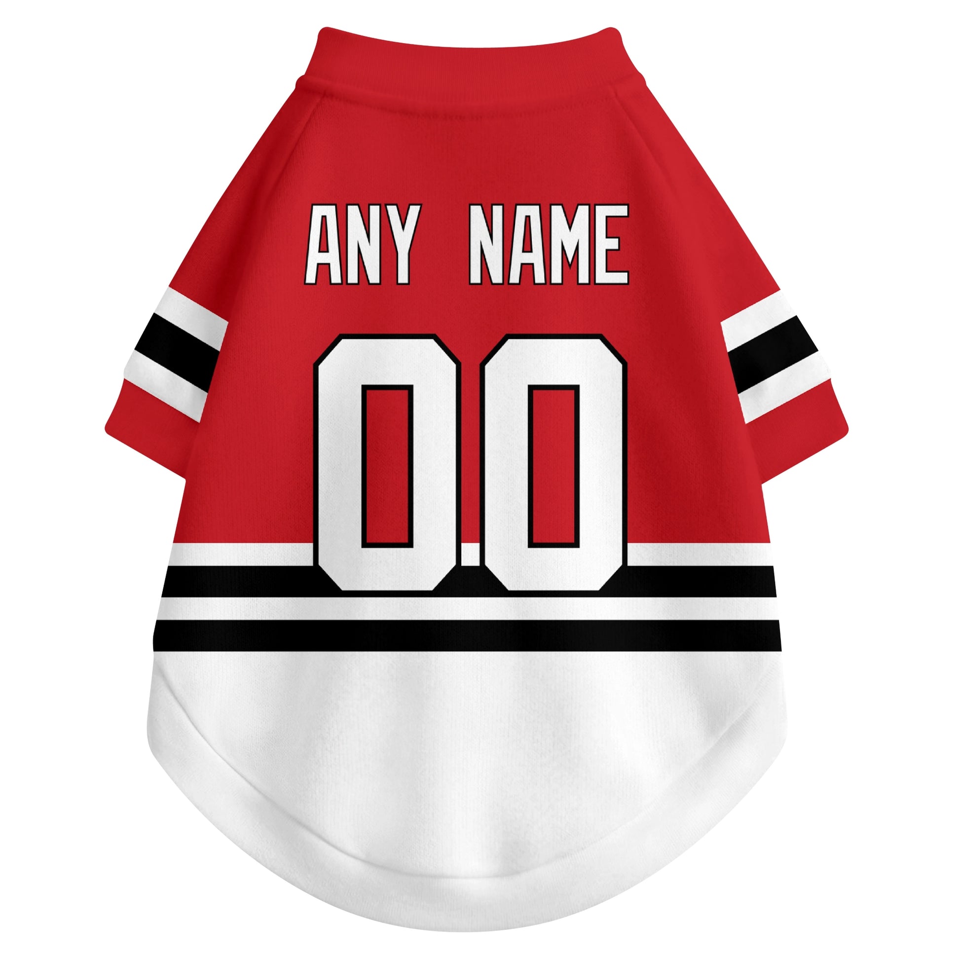 Back view of custom hockey-style dog jersey in Red and White colors with personalized name and number