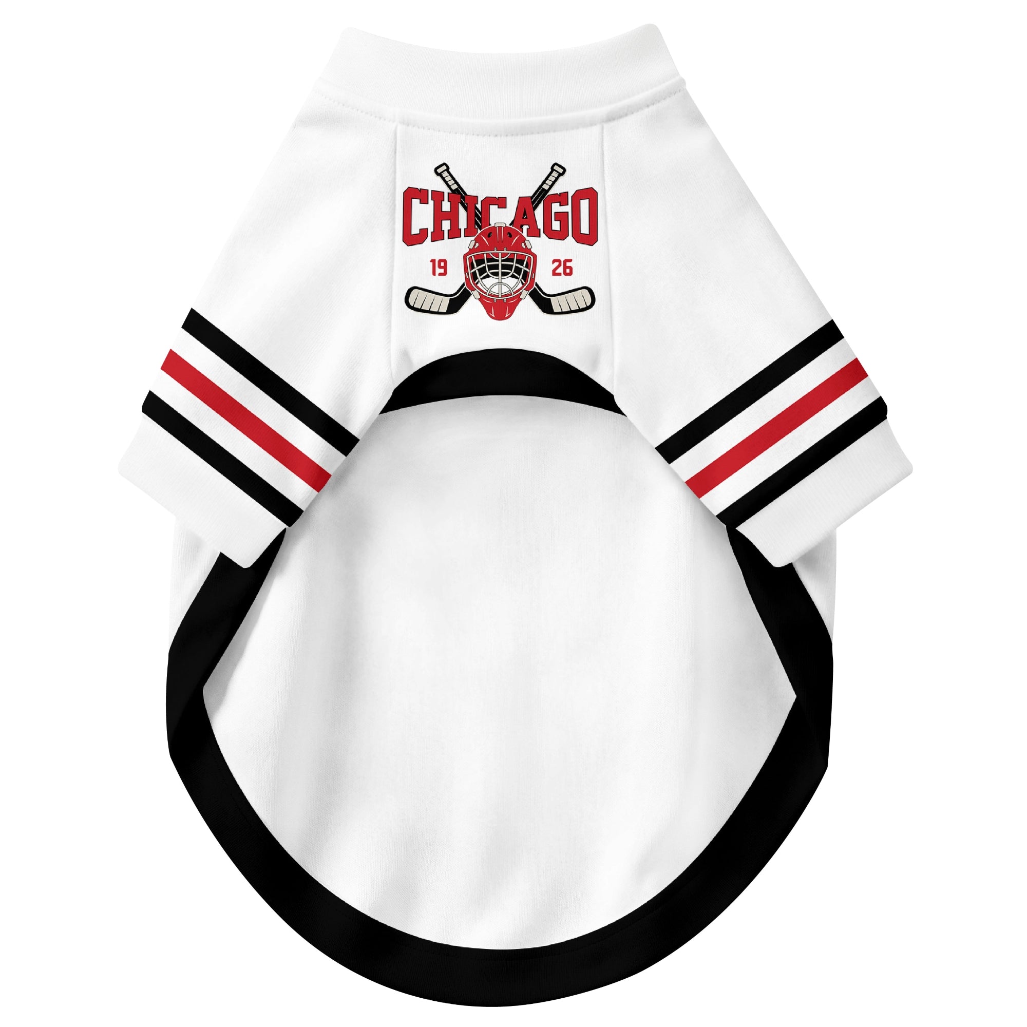 Front view of custom hockey-style dog jersey in White and Red colors