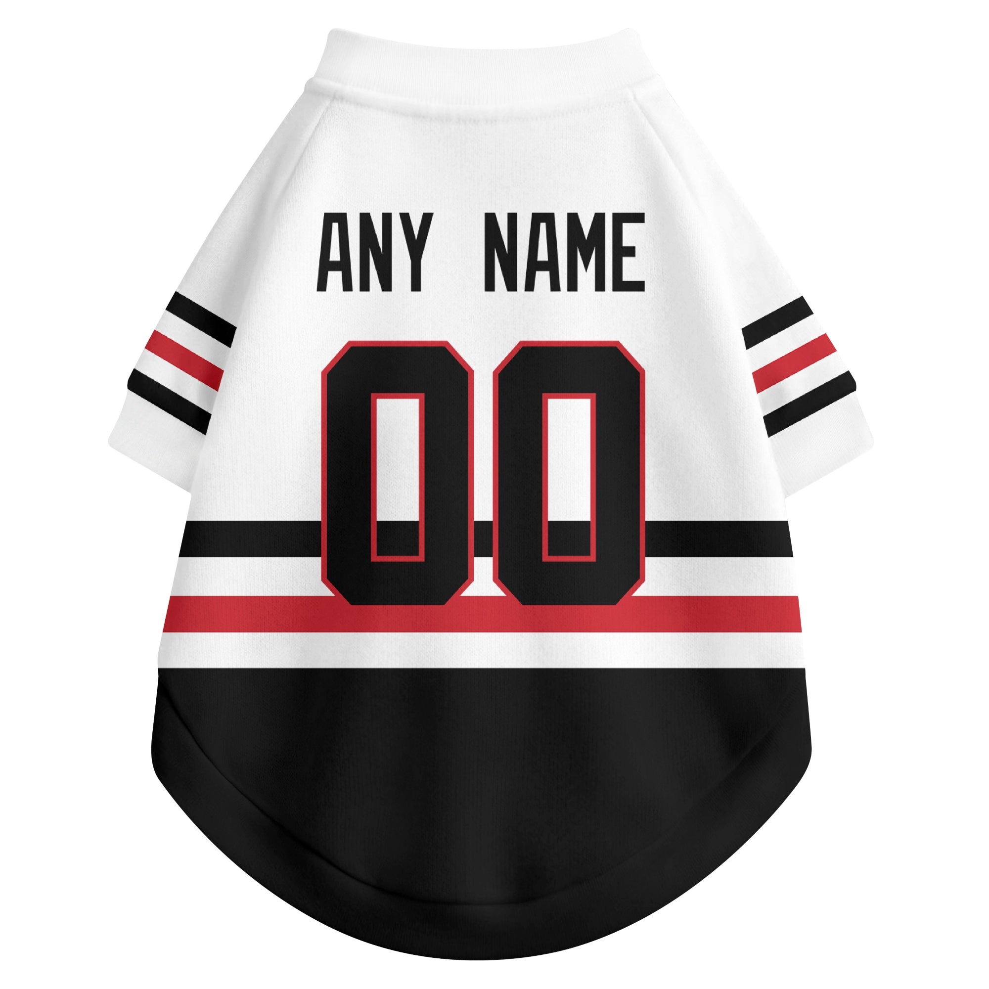 Back view of custom hockey-style dog jersey in White and Red colors with personalized name and number
