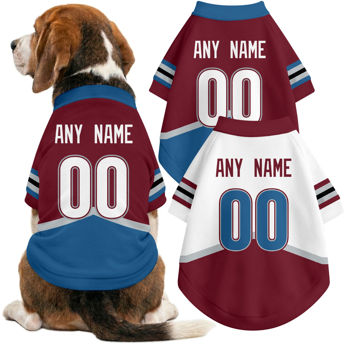 Dog wearing custom hockey-style jersey in Burgundy and White colors with personalized name and number