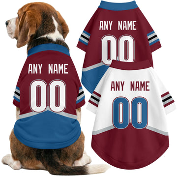 Dog wearing custom hockey-style jersey in Burgundy and White colors with personalized name and number