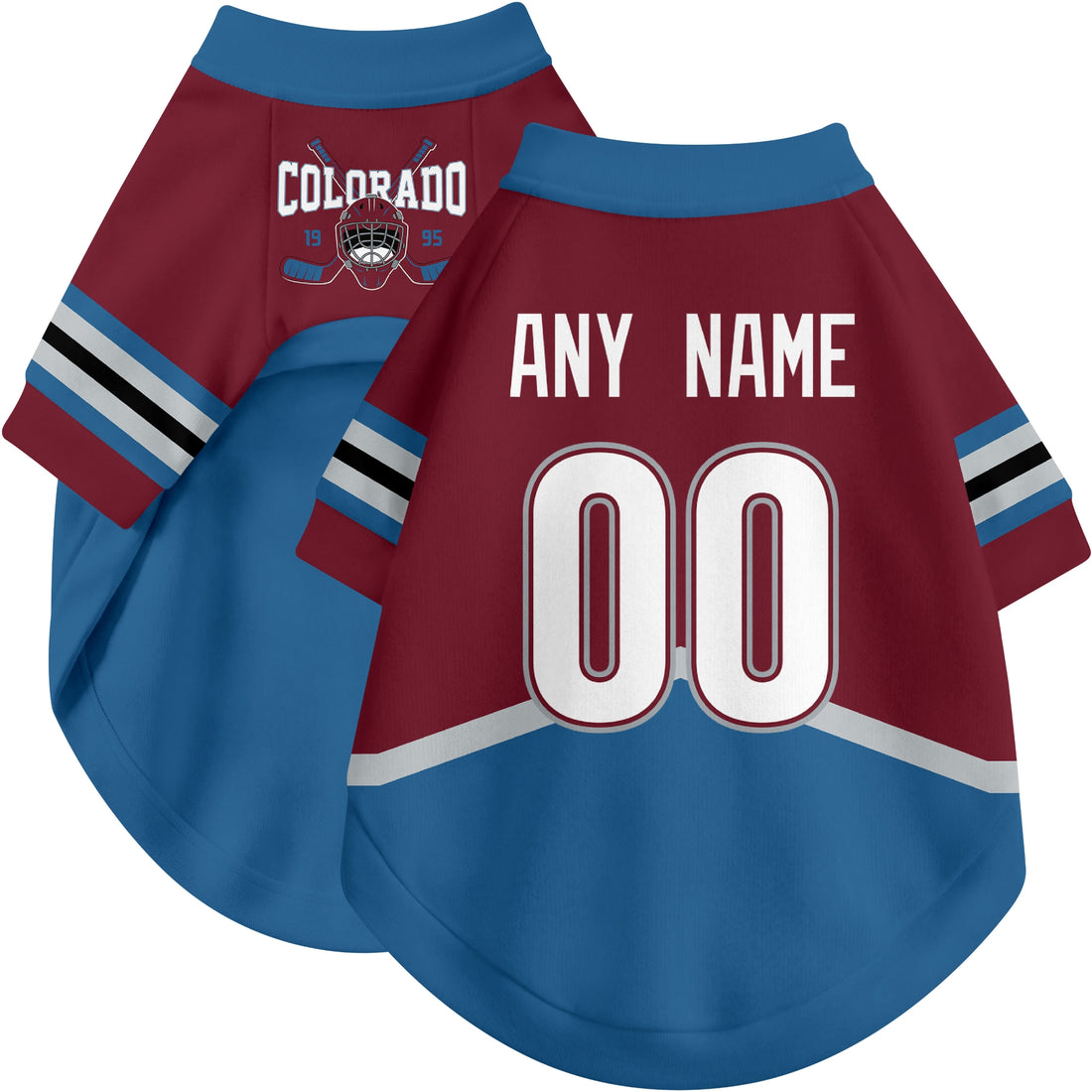 Dog wearing custom hockey-style jersey in Burgundy and White colors with personalized name and number