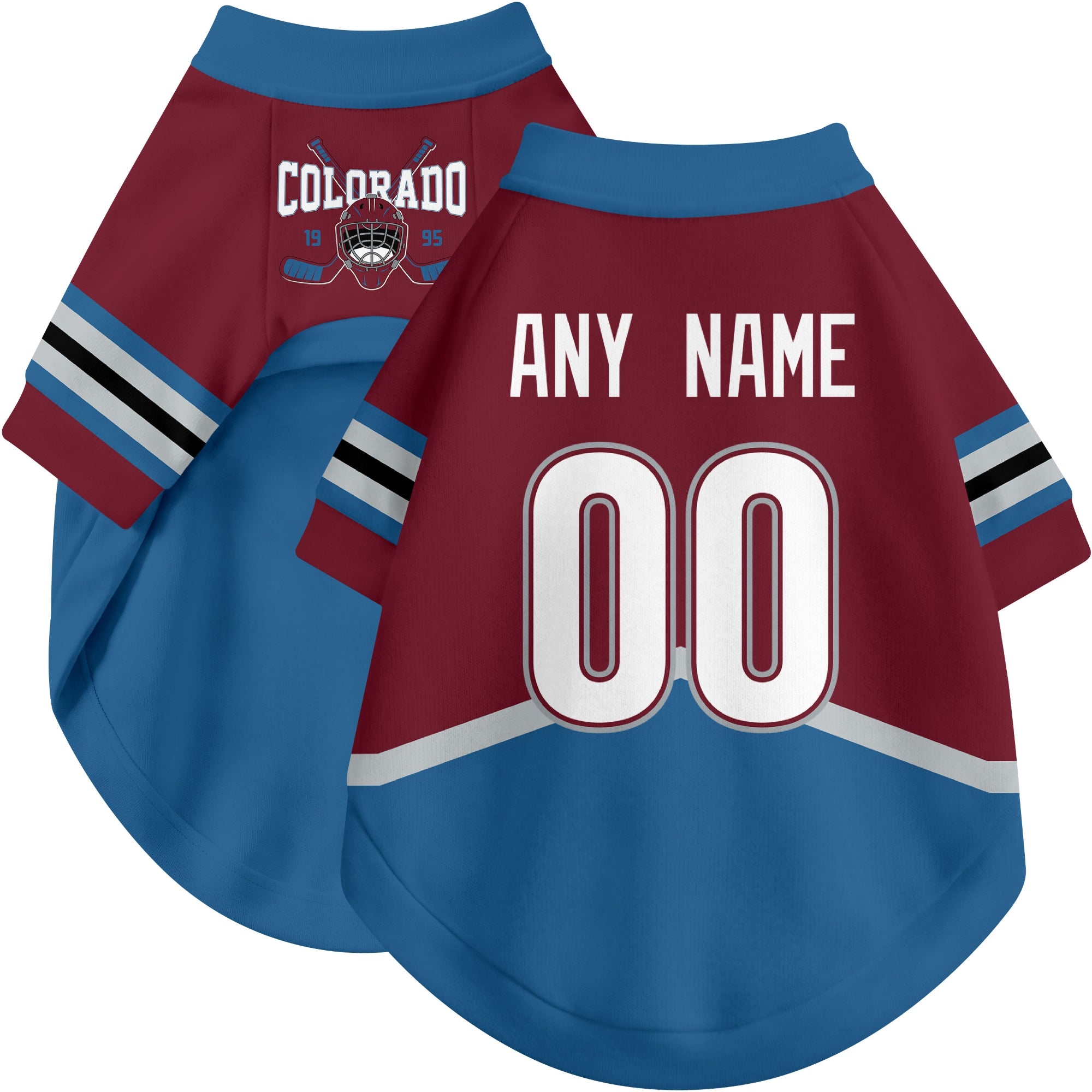 Custom hockey-style dog jersey color option 1 in Burgundy and White