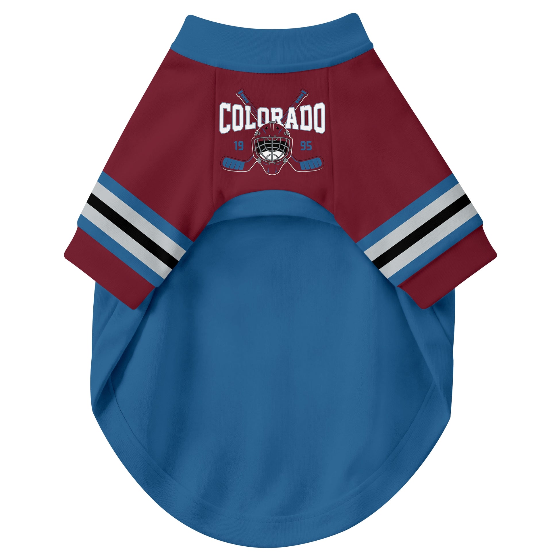 Front view of custom hockey-style dog jersey in Burgundy and White colors