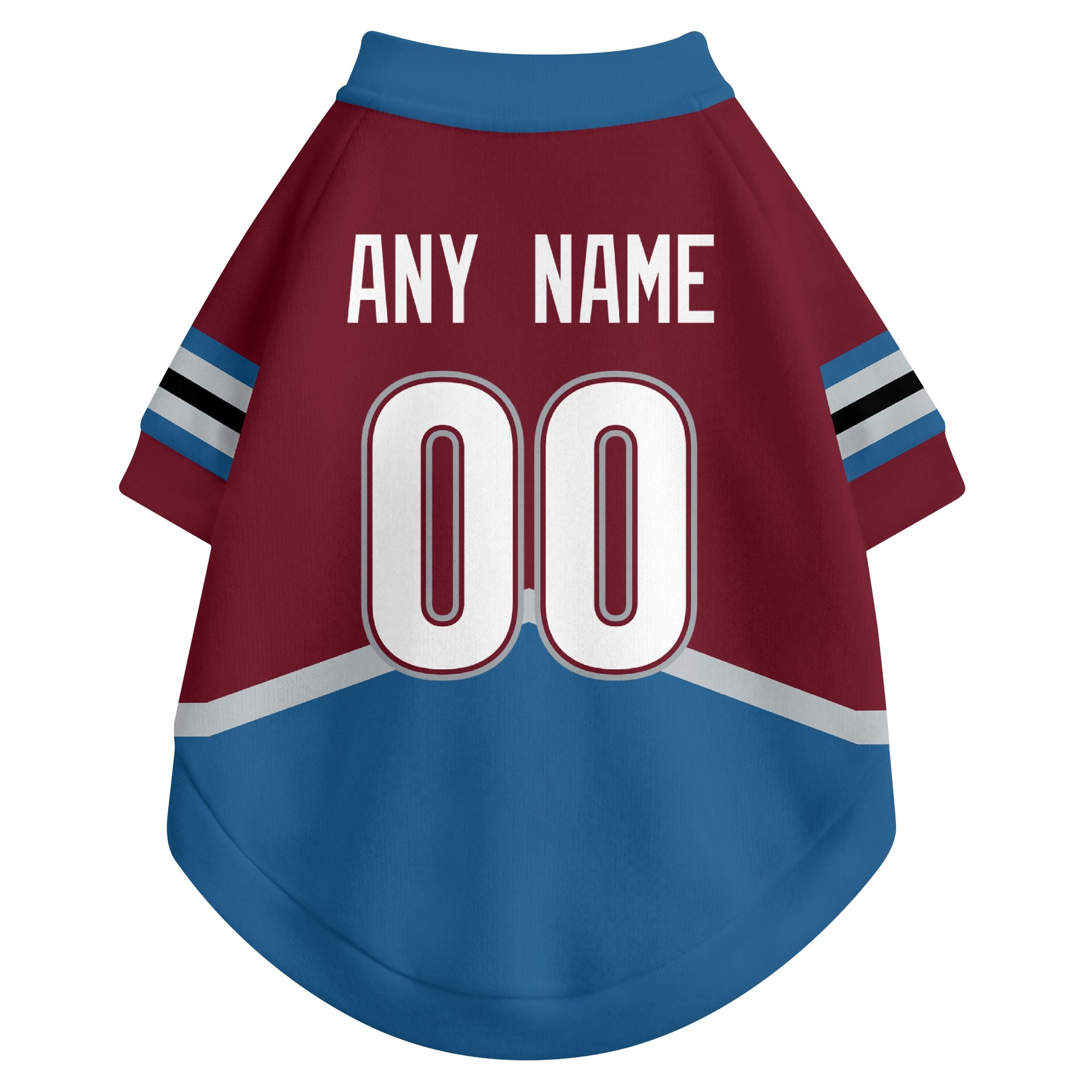 Back view of custom hockey-style dog jersey in Burgundy and White colors with personalized name and number