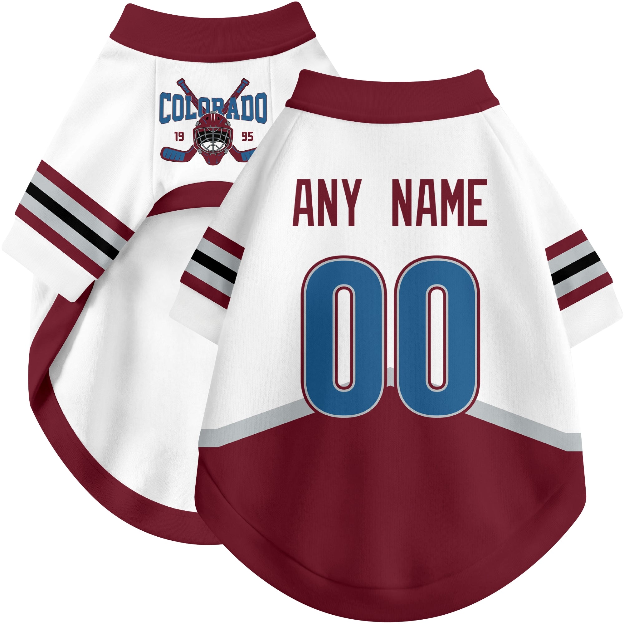 Custom hockey-style dog jersey color option 2 in White and Burgundy