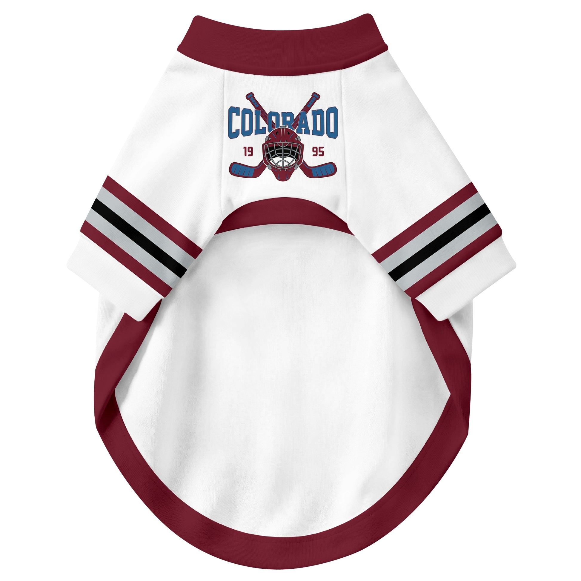 Front view of custom hockey-style dog jersey in White and Burgundy colors