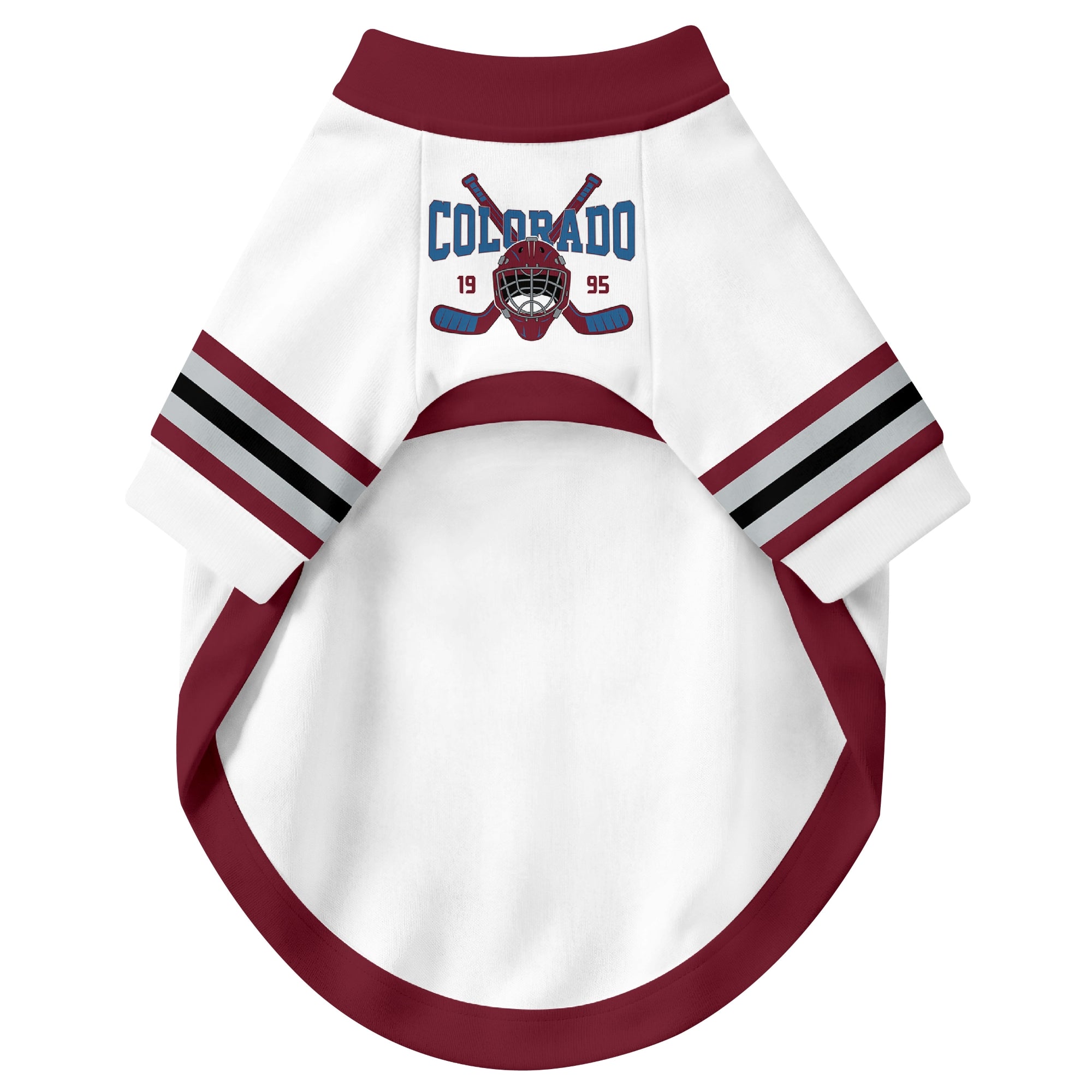 Front view of custom hockey-style dog jersey in White and Burgundy colors