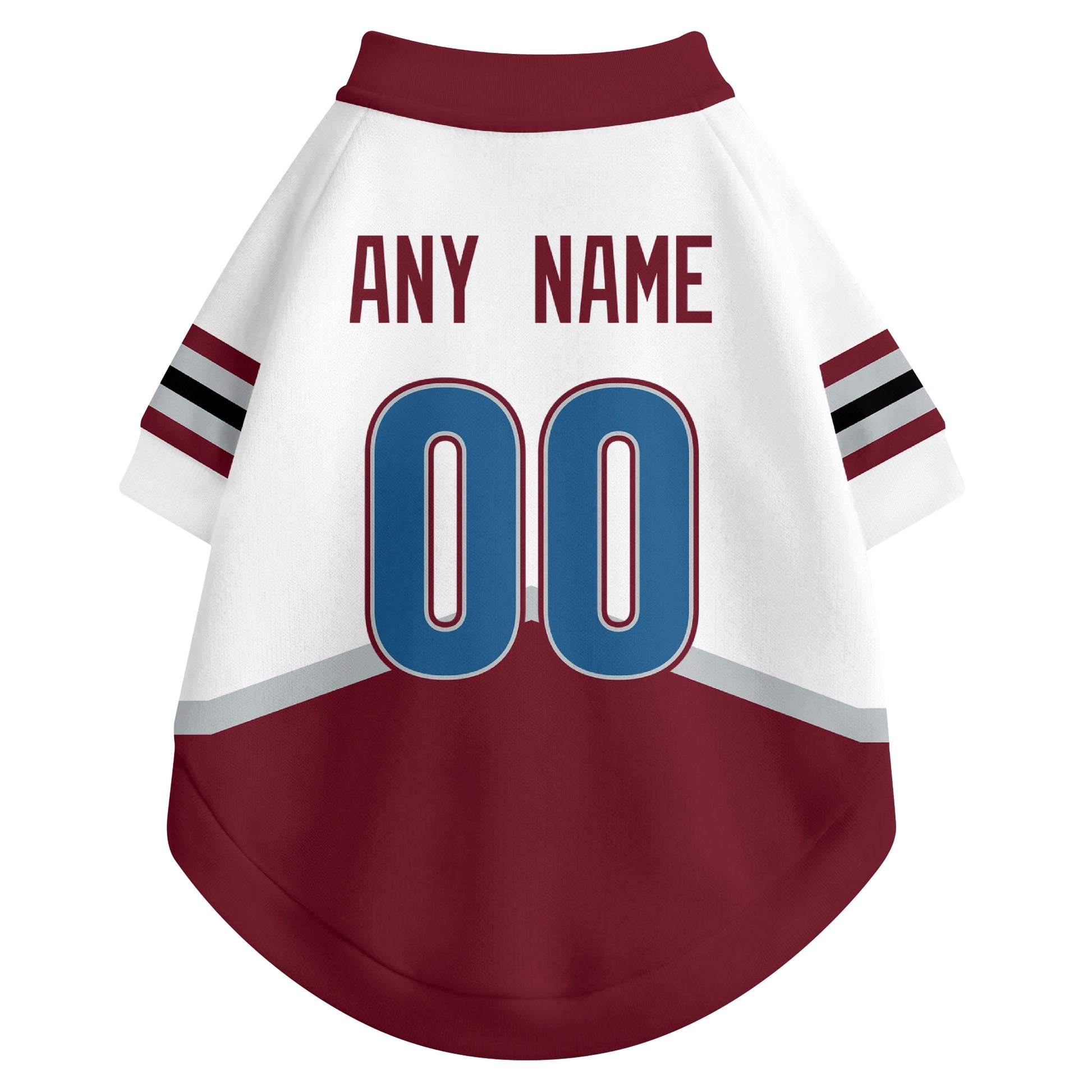 Back view of custom hockey-style dog jersey in White and Burgundy colors with personalized name and number