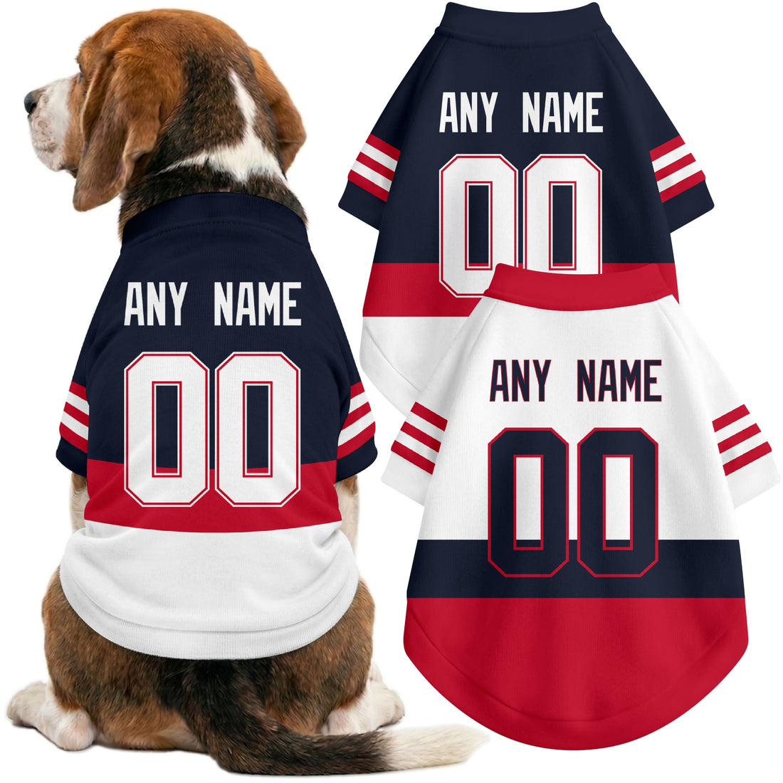 Dog wearing custom hockey-style jersey in Navy and White colors with personalized name and number
