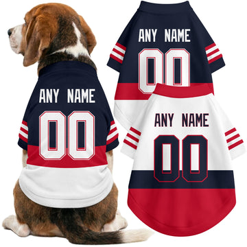 Dog wearing custom hockey-style jersey in Navy and White colors with personalized name and number
