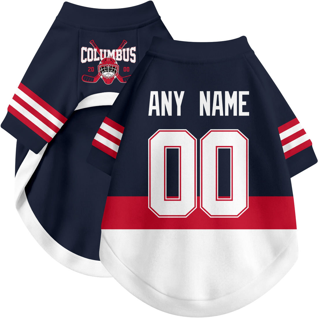 Dog wearing custom hockey-style jersey in Navy and White colors with personalized name and number