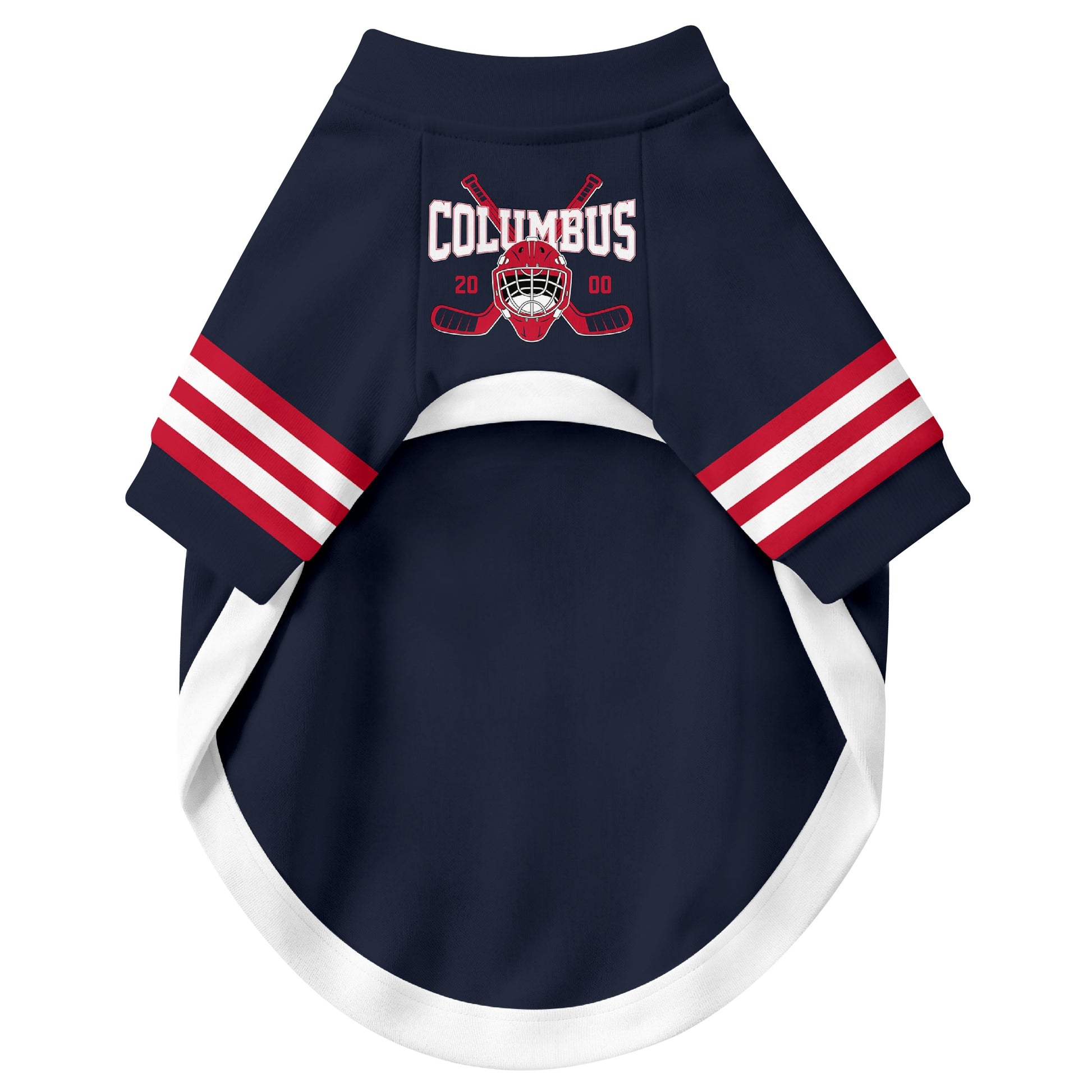 Front view of custom hockey-style dog jersey in Navy and White colors
