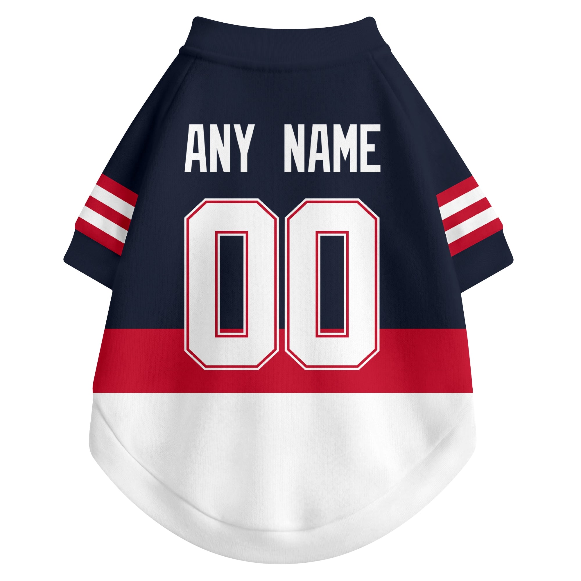 Back view of custom hockey-style dog jersey in Navy and White colors with personalized name and number