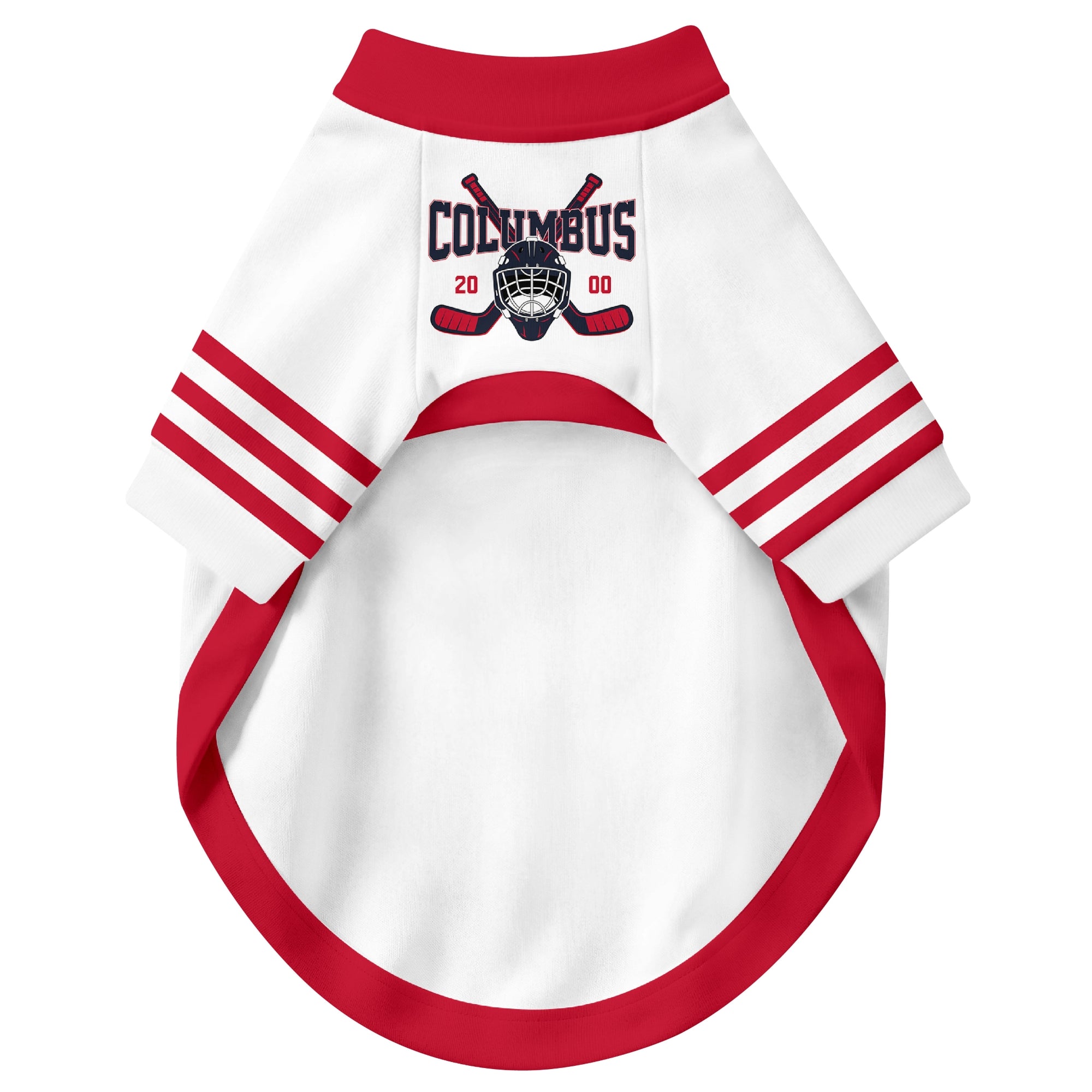Front view of custom hockey-style dog jersey in White and Navy colors