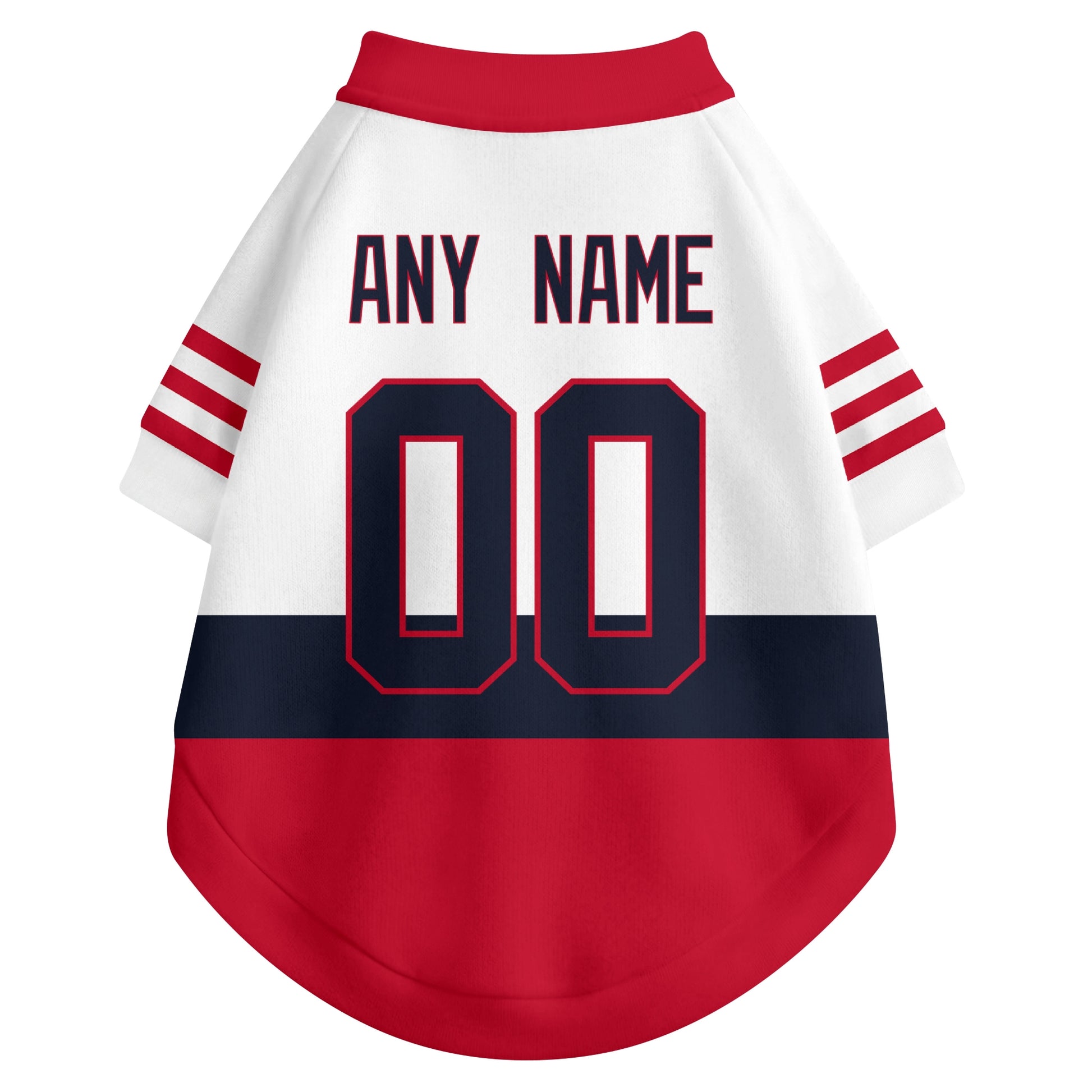 Back view of custom hockey-style dog jersey in White and Navy colors with personalized name and number