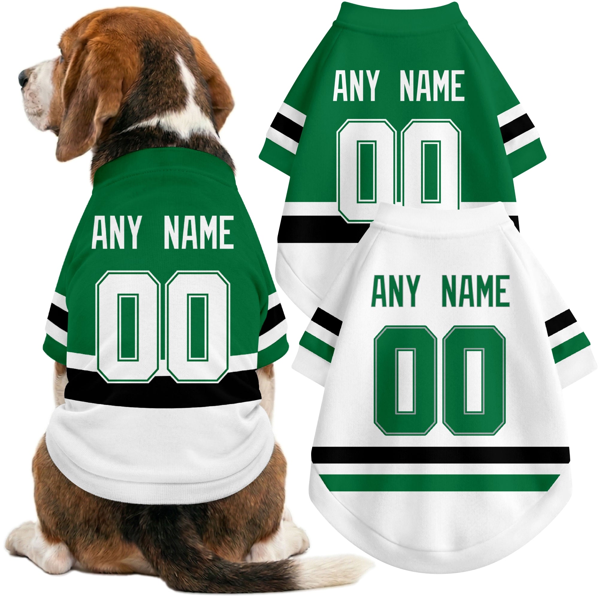 Dog wearing custom hockey-style jersey in Green and White colors with personalized name and number